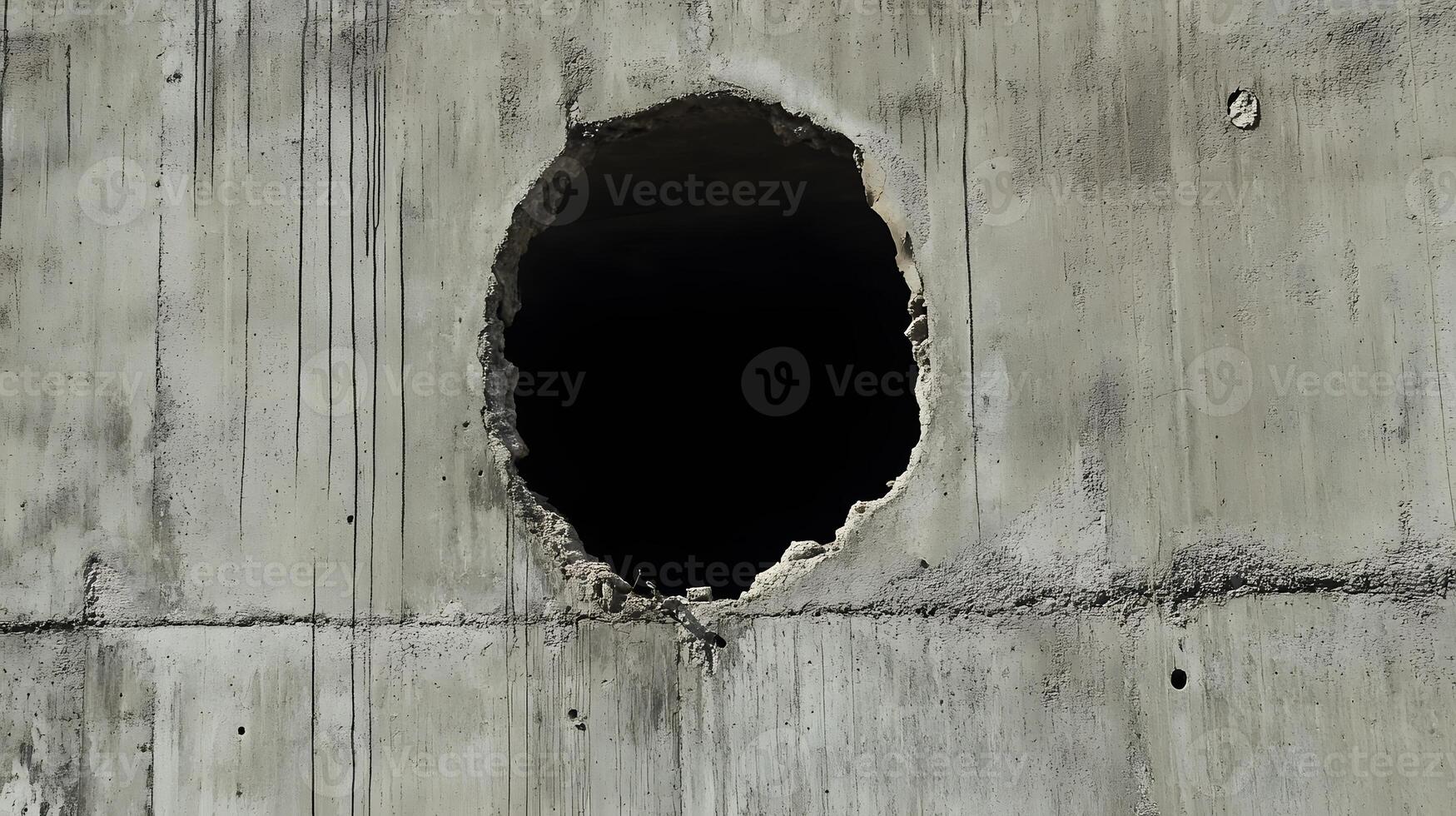 Large Circular Hole in Weathered Concrete Wall Damaged Urban Texture Background photo