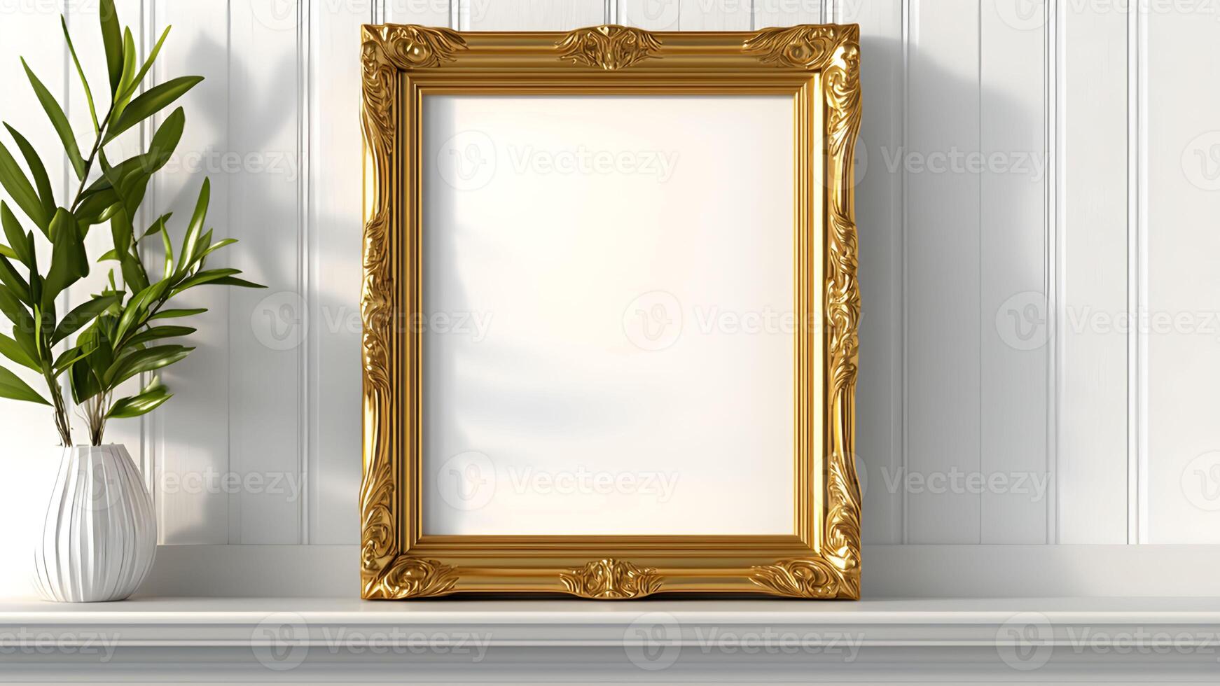 Blank frame for wall art mockup showcasing a minimalist design in a modern interior, featuring an ornate golden frame against a bright white background photo
