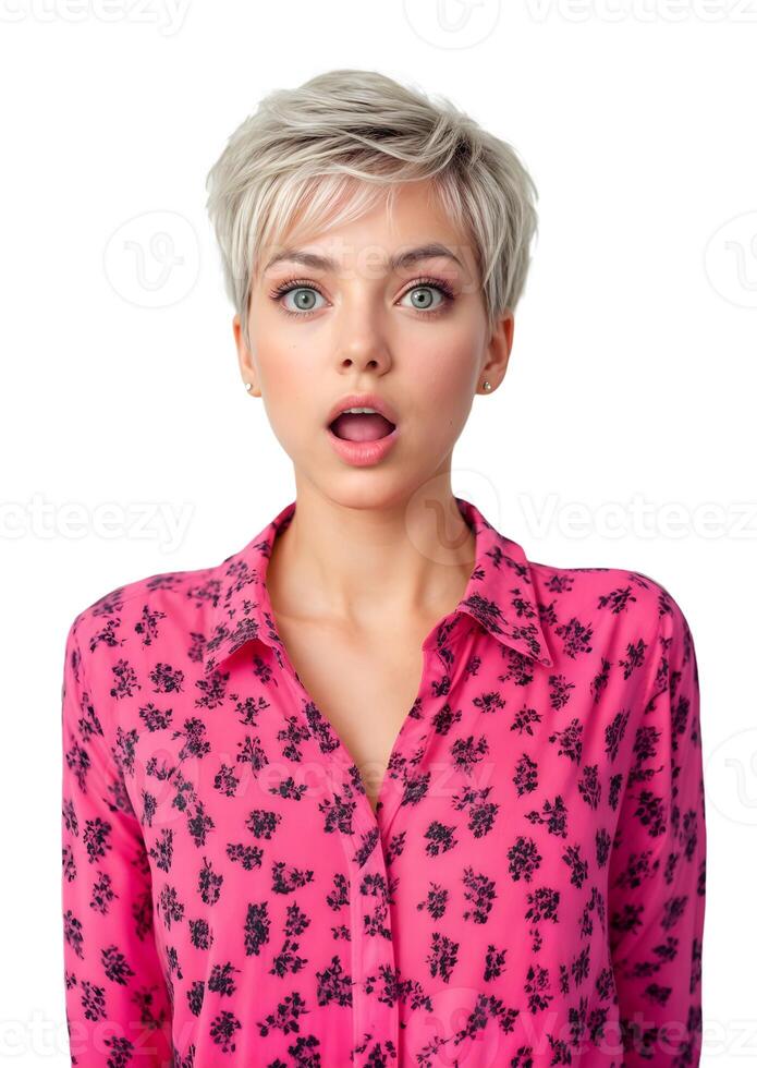 Surprised expression of a young woman in a pink floral shirt, showcasing a moment of astonishment in a bright, neutral setting photo