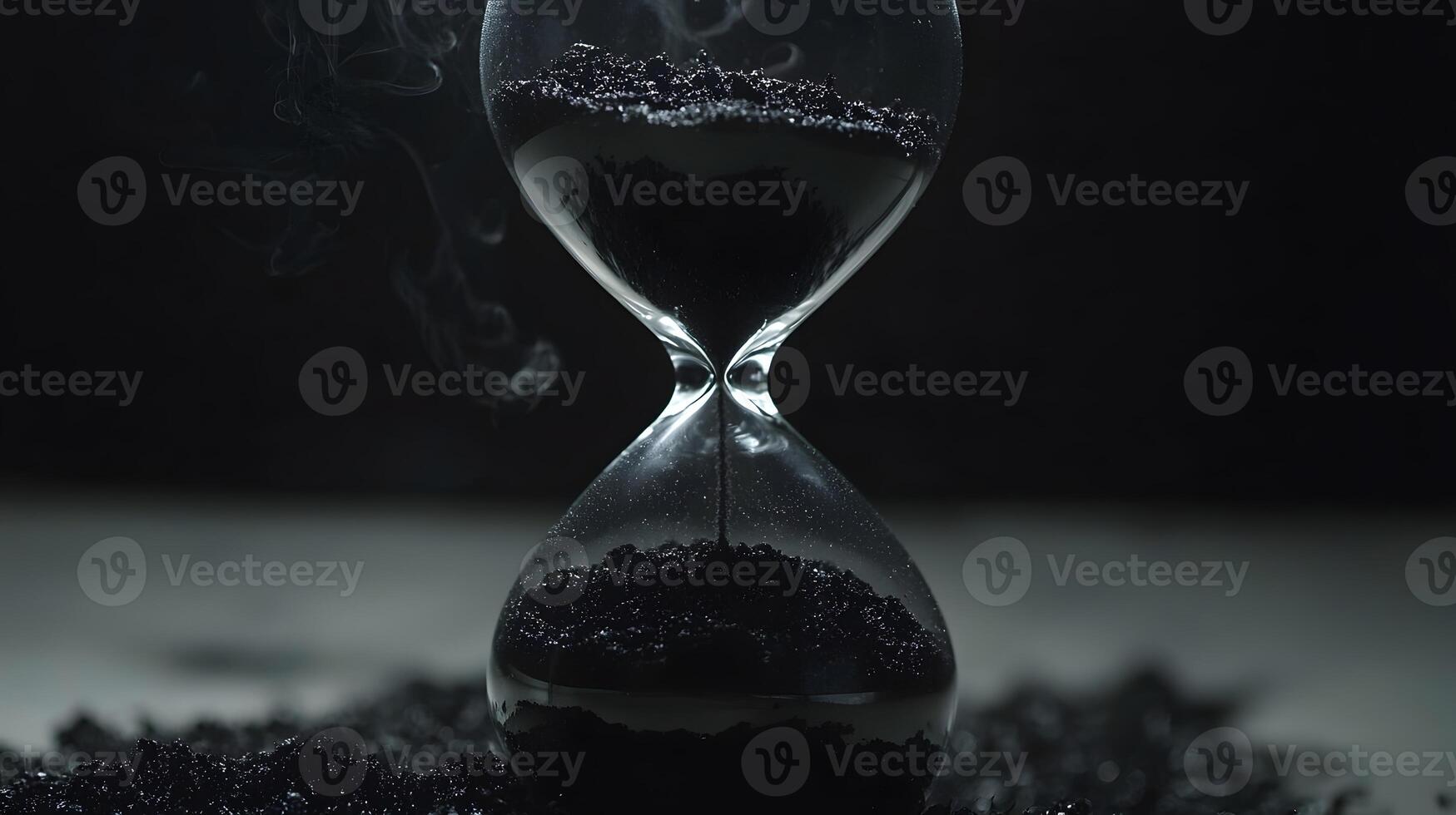 Dramatic Black Sand Hourglass with Smoke Time Passing Concept Mortality Ephemeral photo