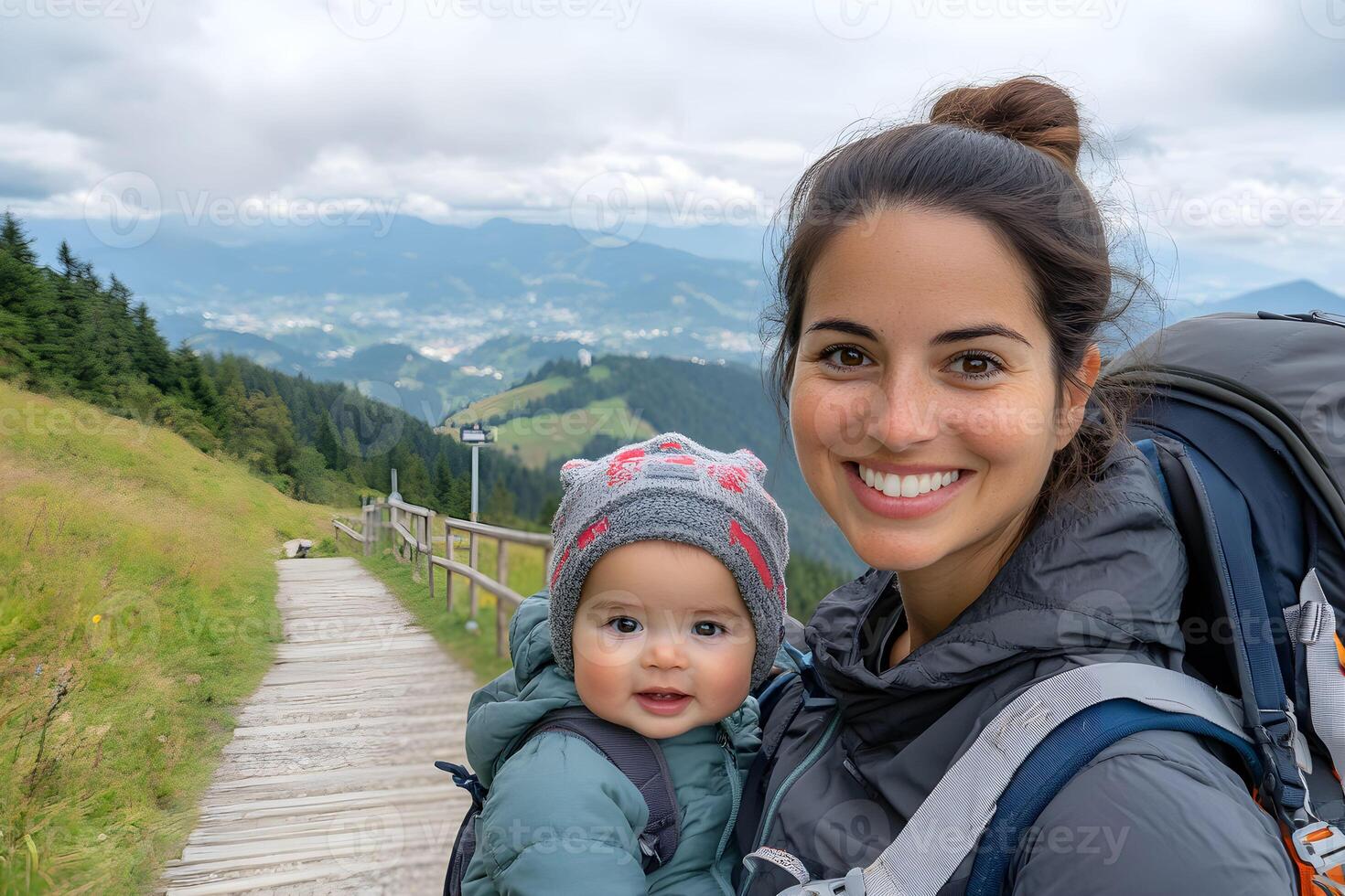 Mother enjoys a scenic hike with her baby in a backpack on a cloudy day in the mountains, surrounded by lush greenery and distant hills photo