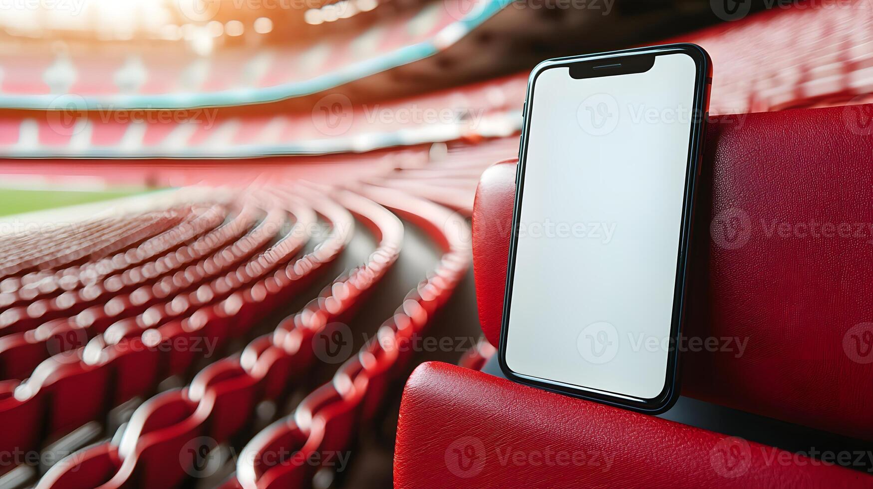 Smartphone Mockup Blank Screen in Empty Stadium Seats photo