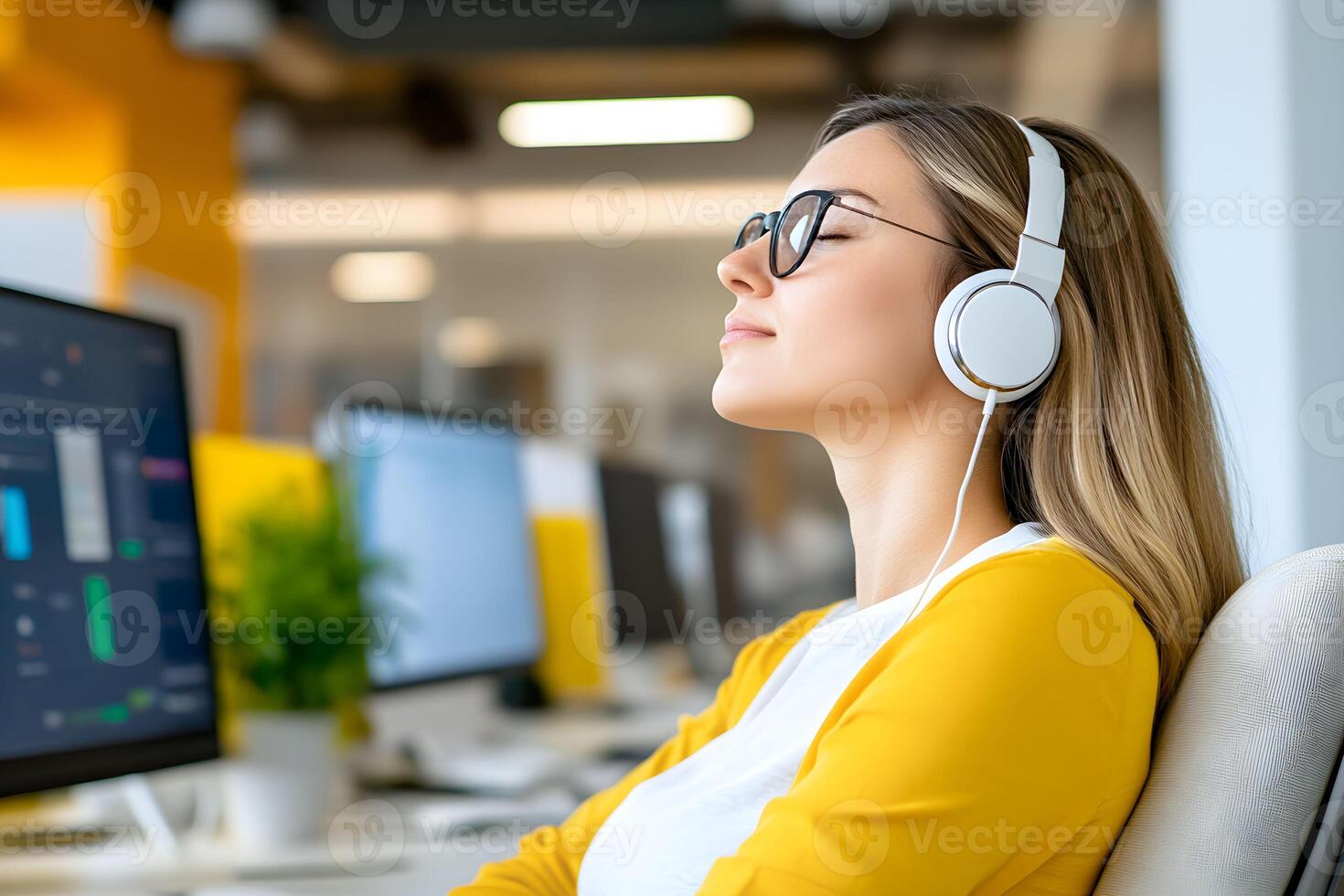 Focused woman wearing headphones enjoying music while working at a modern desk in a bright office space during daylight hours photo