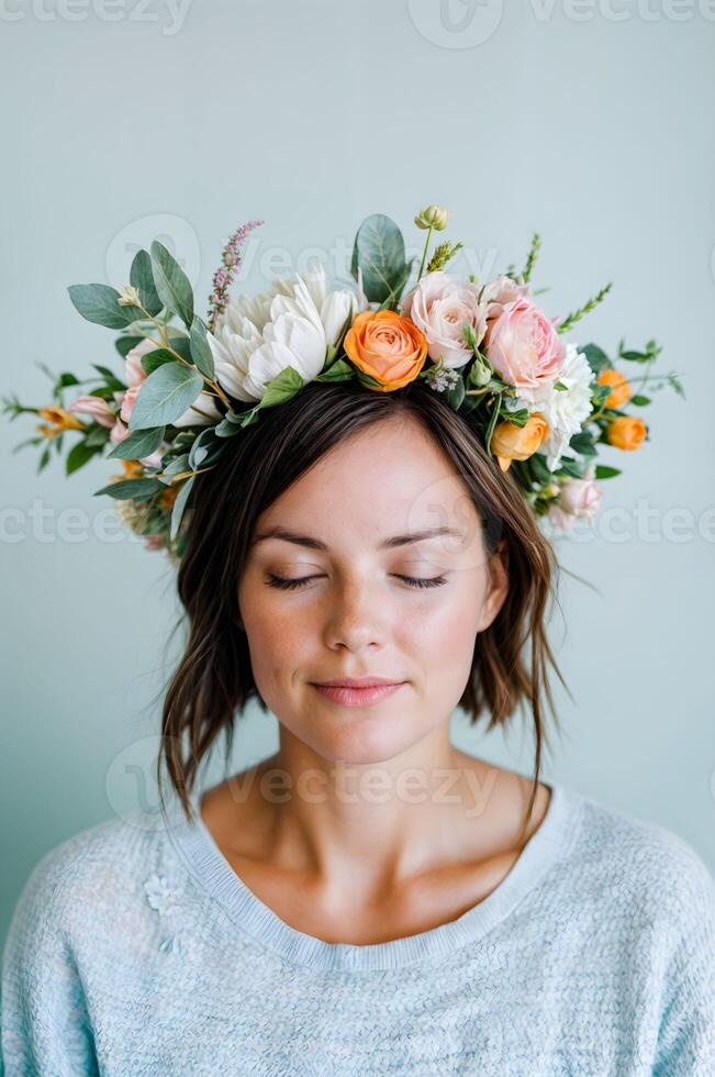 Woman with closed eyes wearing a floral crown and a sweater in a serene setting, showcasing a blend of soft colors and natural beauty during daytime photo