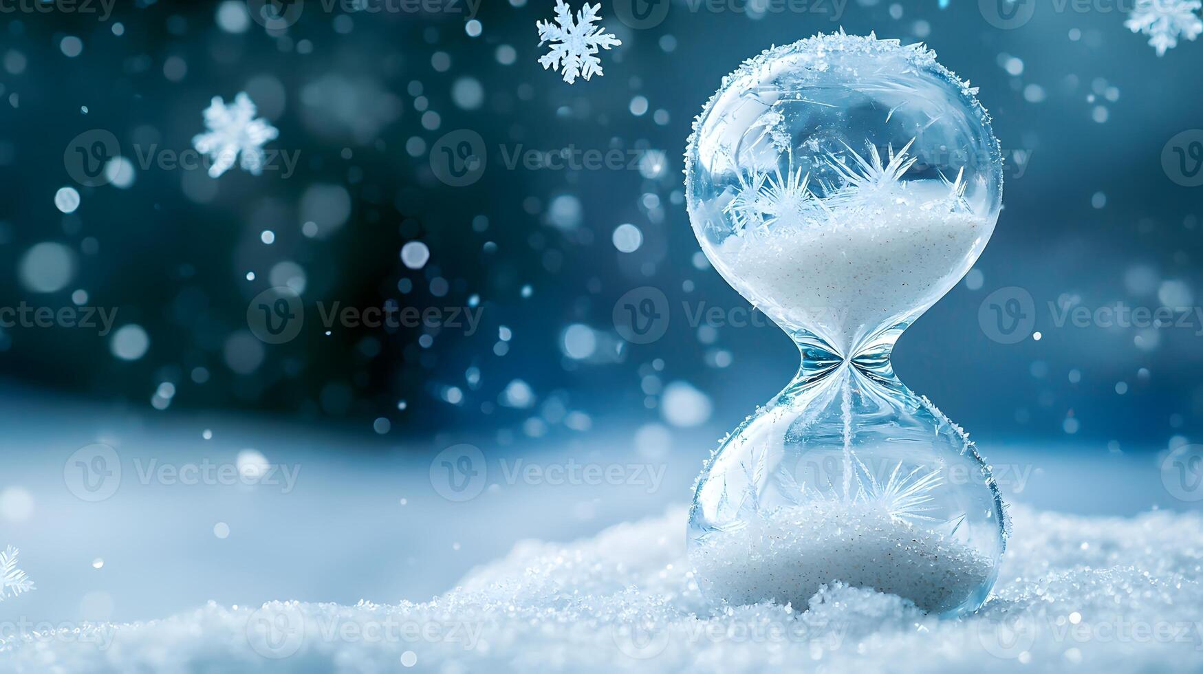 Frozen Hourglass in Winter Wonderland Snowflakes and Time Passing photo