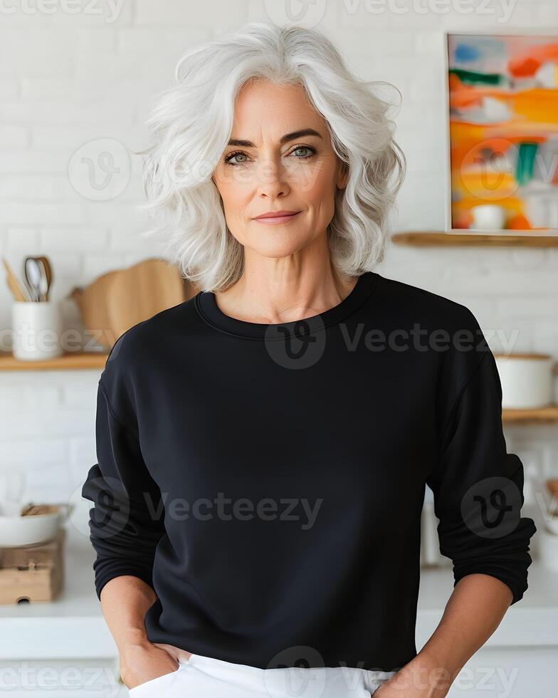 Hoodie for mockup featuring a stylish woman in a bright kitchen showcasing a blank shirt design ready for customization or branding opportunities photo