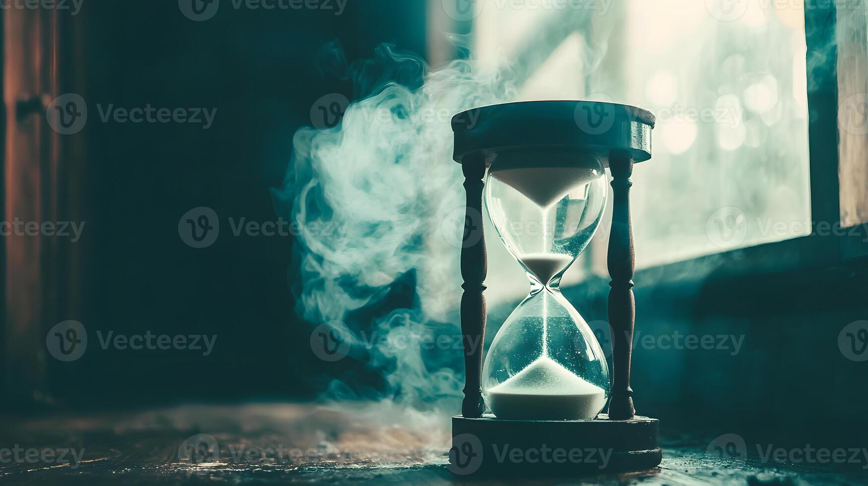 Mystical Hourglass with Smoke Time Passing Concept Vintage Sand Timer photo