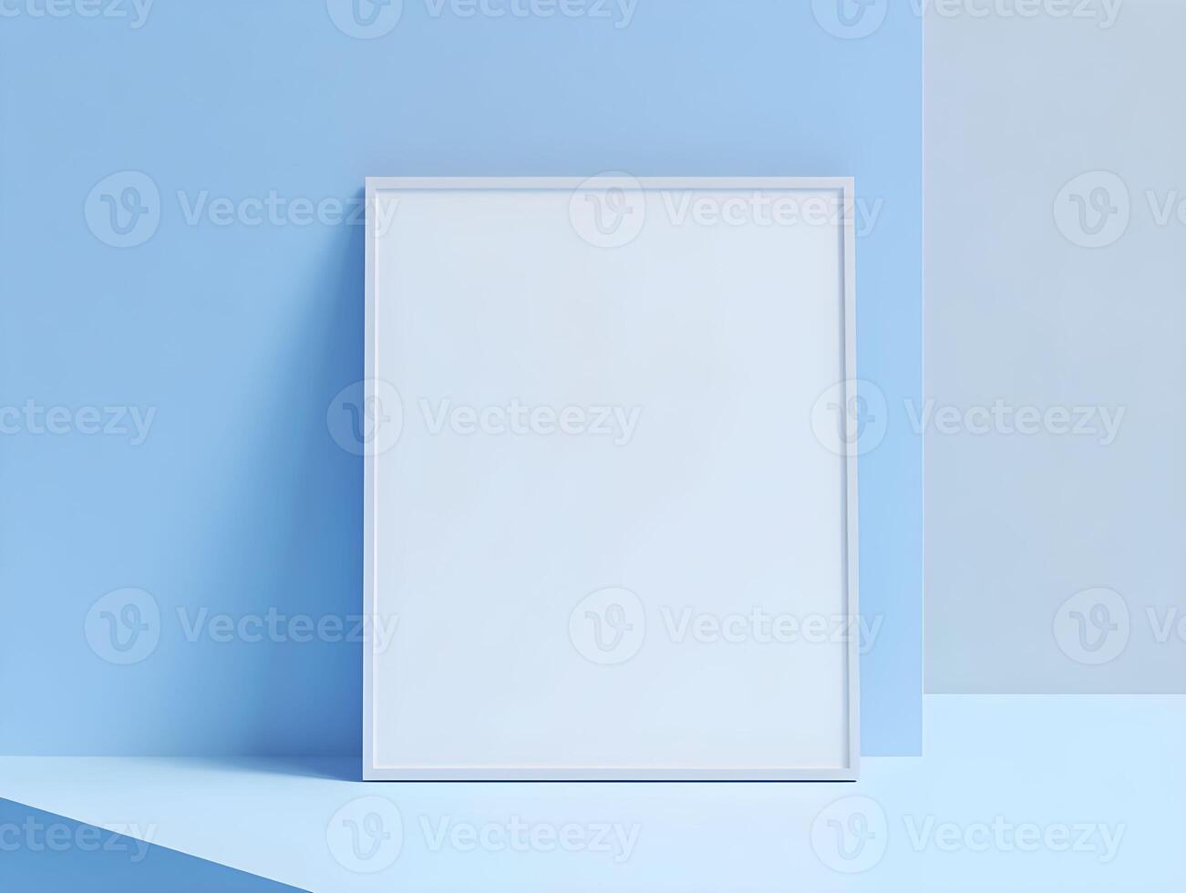 Blank frame for wall art mockup in minimalist modern interior with blue accents and coquette style photo