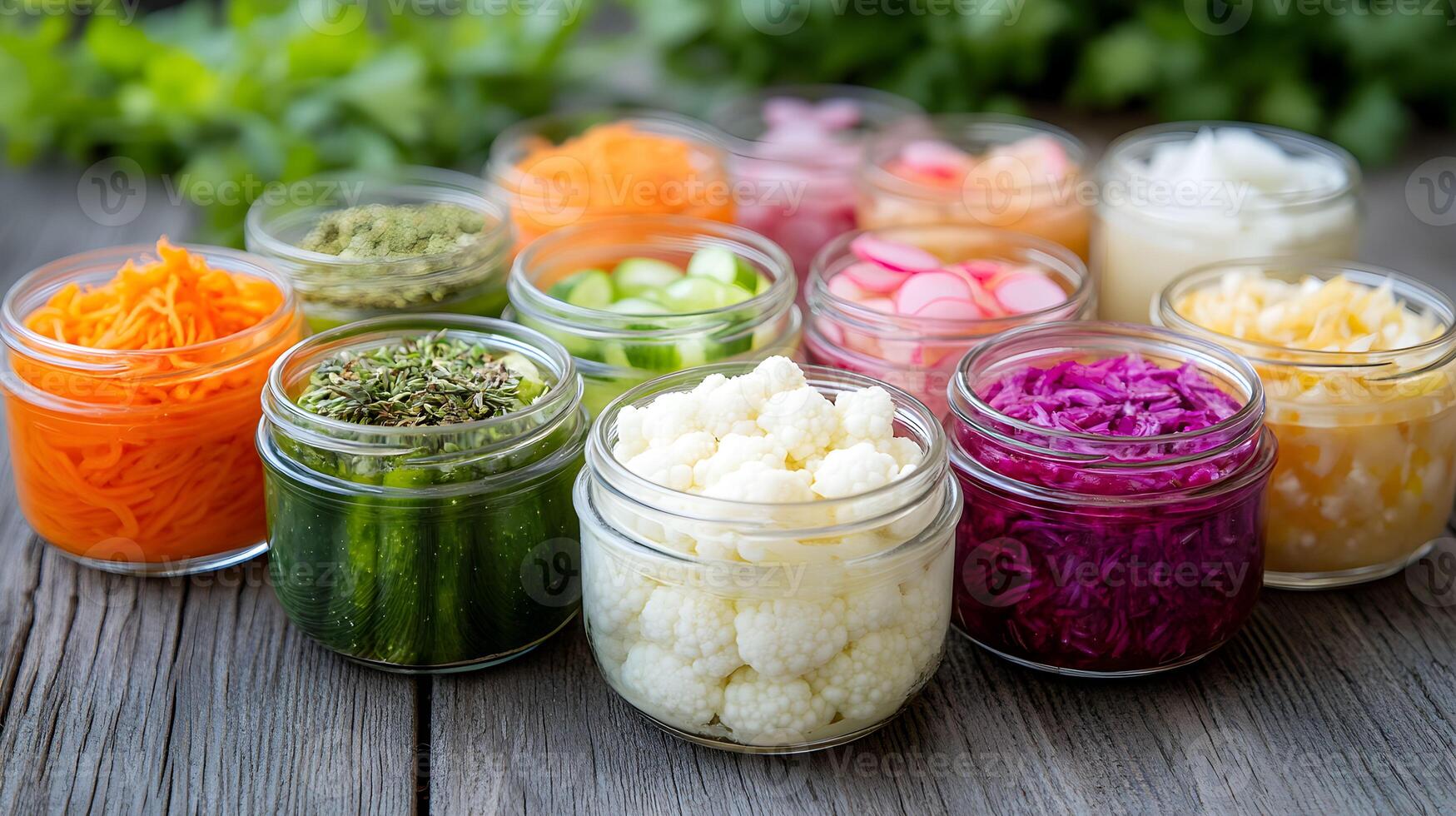 Colorful assortment of pickled vegetables in glass jars displayed on a wooden surface with fresh herbs in the background photo