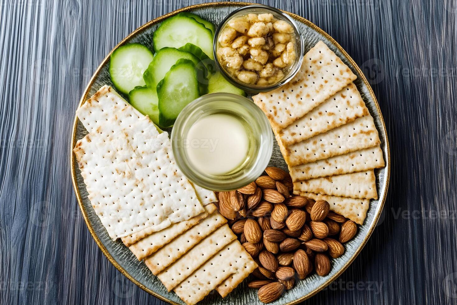 Fresh snack platter featuring crackers, cucumbers, almonds, and a sweet dip served on a rustic wooden table, perfect for casual gatherings or healthy snacking photo