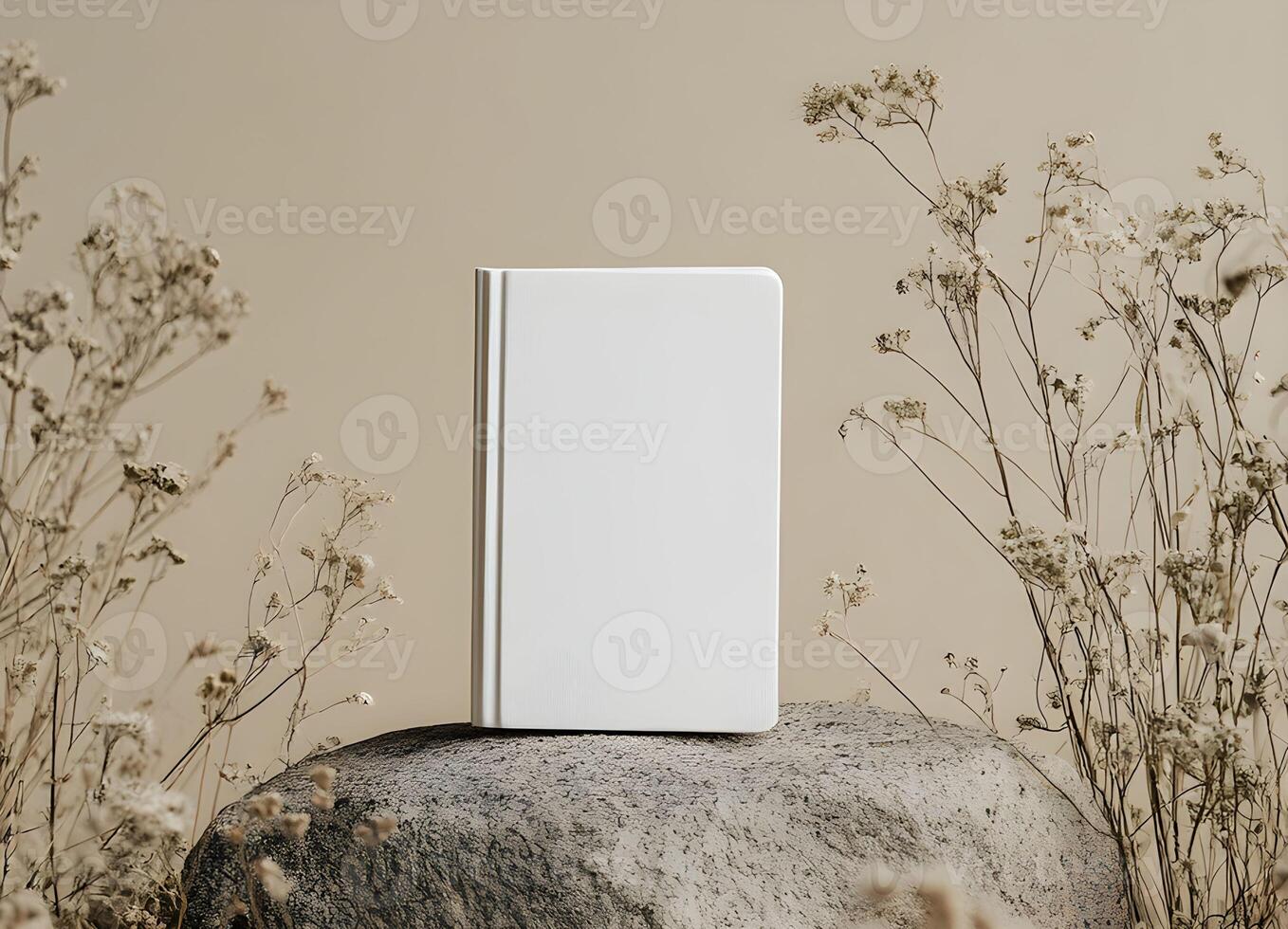 Minimalist white notebook for mockup placed on stone surrounded by dried flowers indoors, showcasing simplicity and elegance in a serene setting photo