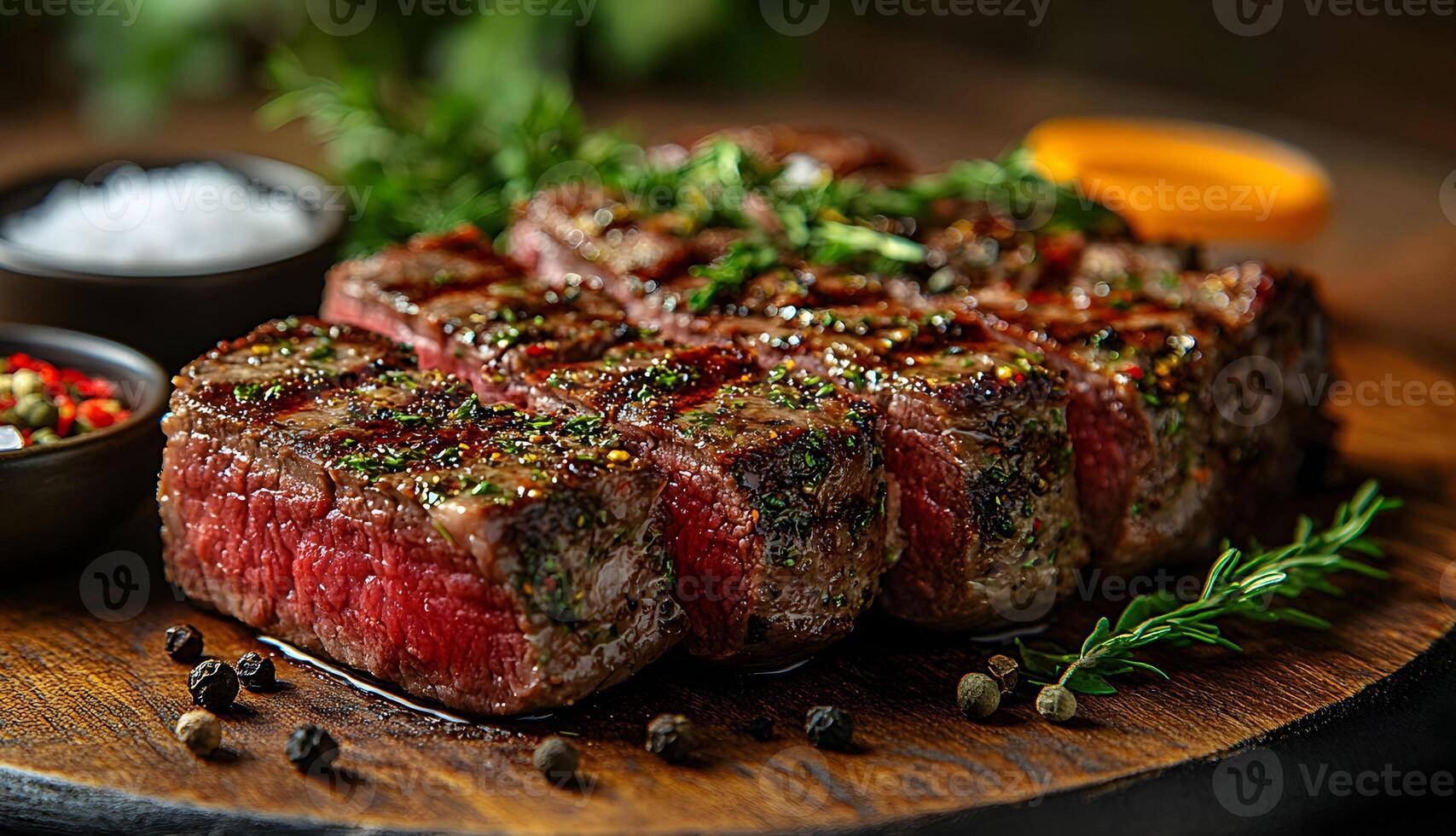 Juicy steak served on a wooden board with fresh herbs, spices, and sides ready for a delicious meal experience in a rustic setting photo