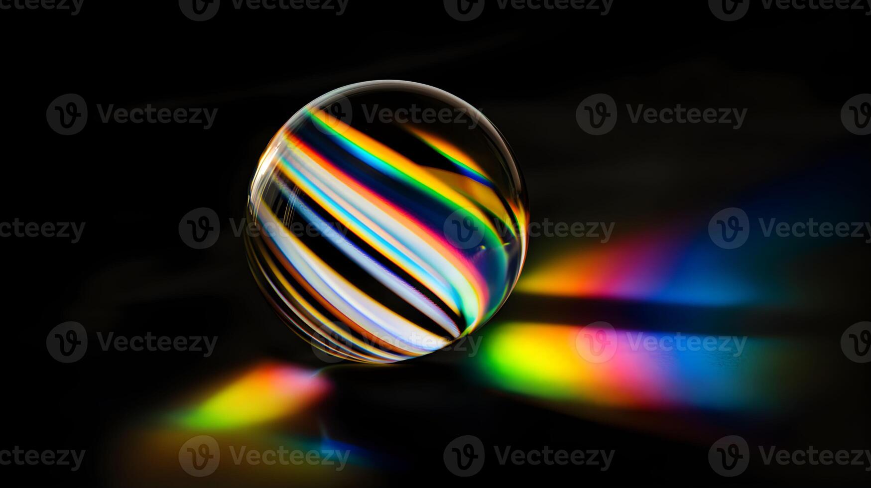Colorful light reflections radiate from a glass sphere placed on a dark background photo