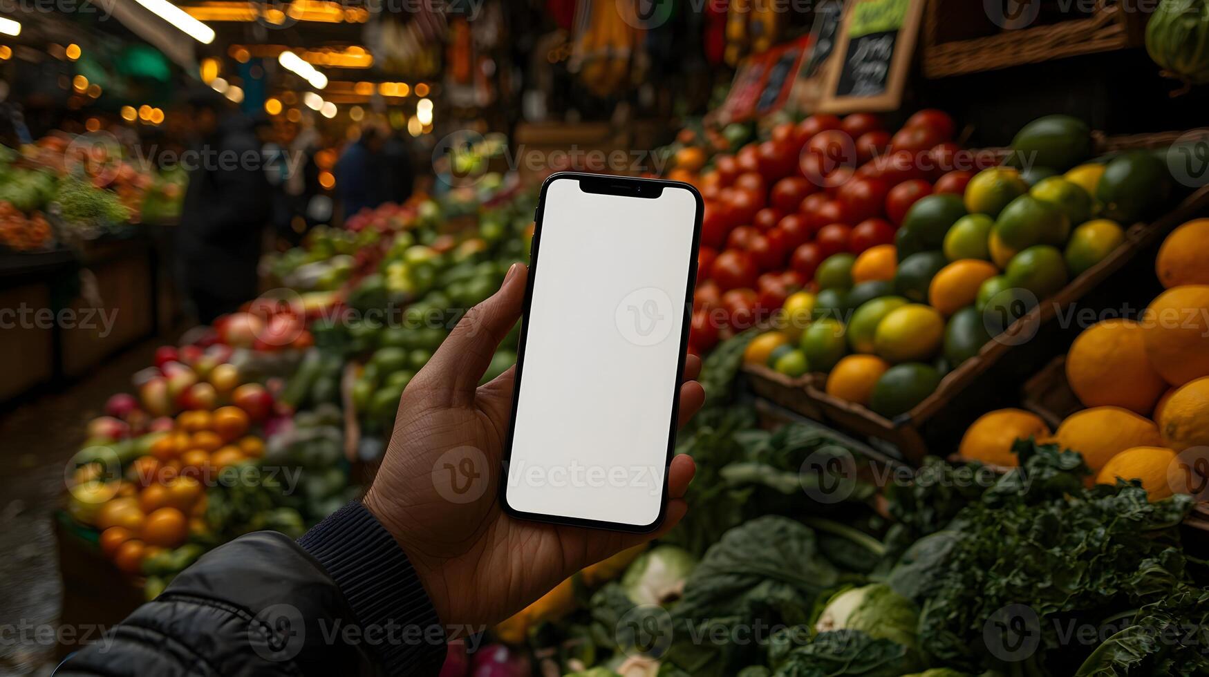 Person holding smartphone with blank screen at vibrant farmers market showcasing fresh produce photo