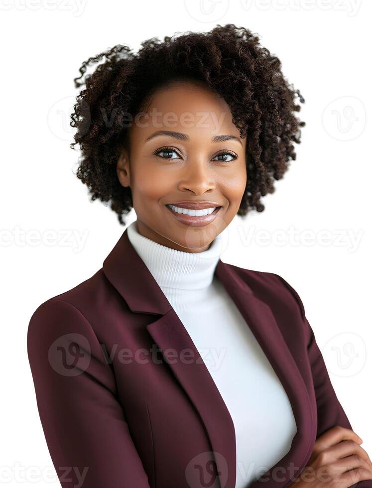 Professional woman smiling confidently in a modern business setting with natural lighting emphasizing diversity and empowerment photo