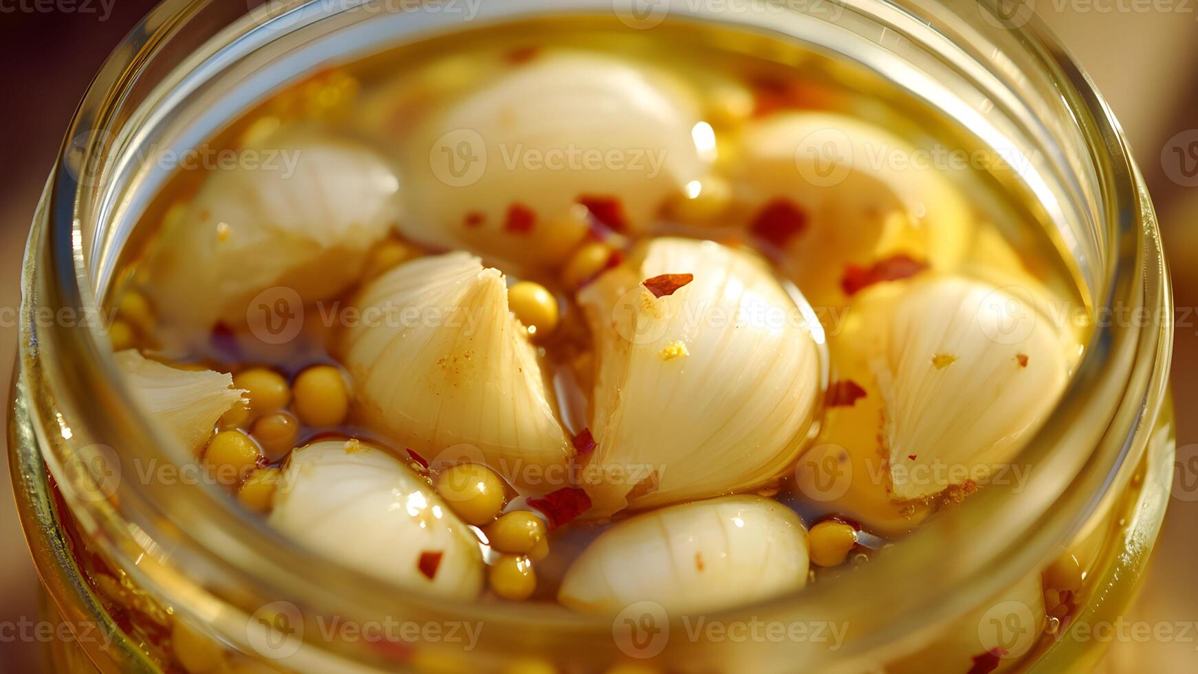 Homemade pickled garlic cloves with spices in a glass jar during a sunny afternoon in a cozy kitchen photo
