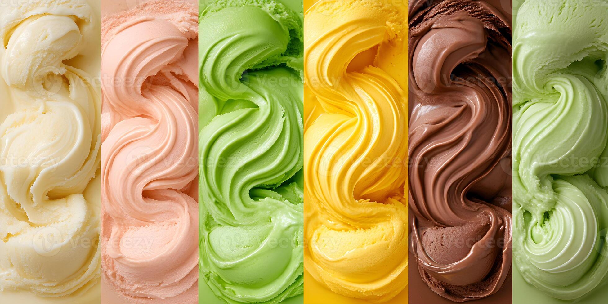 Colorful gelato flavors displaying smooth textures at a dessert shop. Ice cream collage. photo