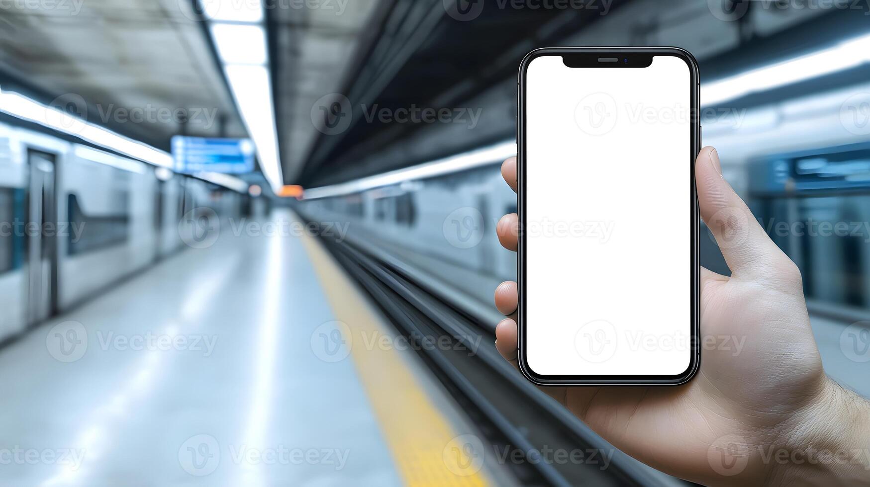 Smartphone with Blank Screen Held in Hand at Subway Station Platform photo