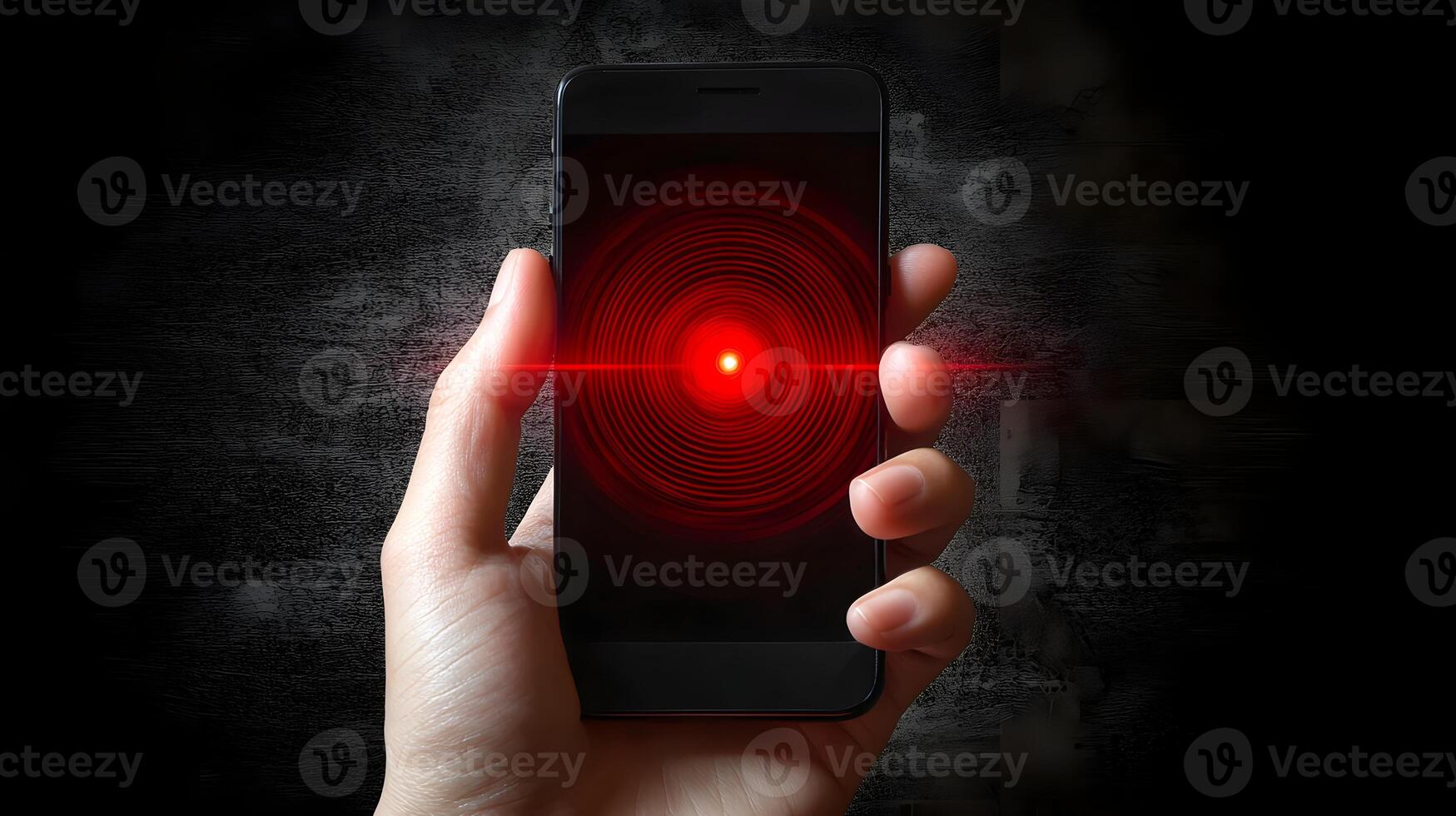 Hand Holding Smartphone with Red Laser Scanner Futuristic Technology Interface photo