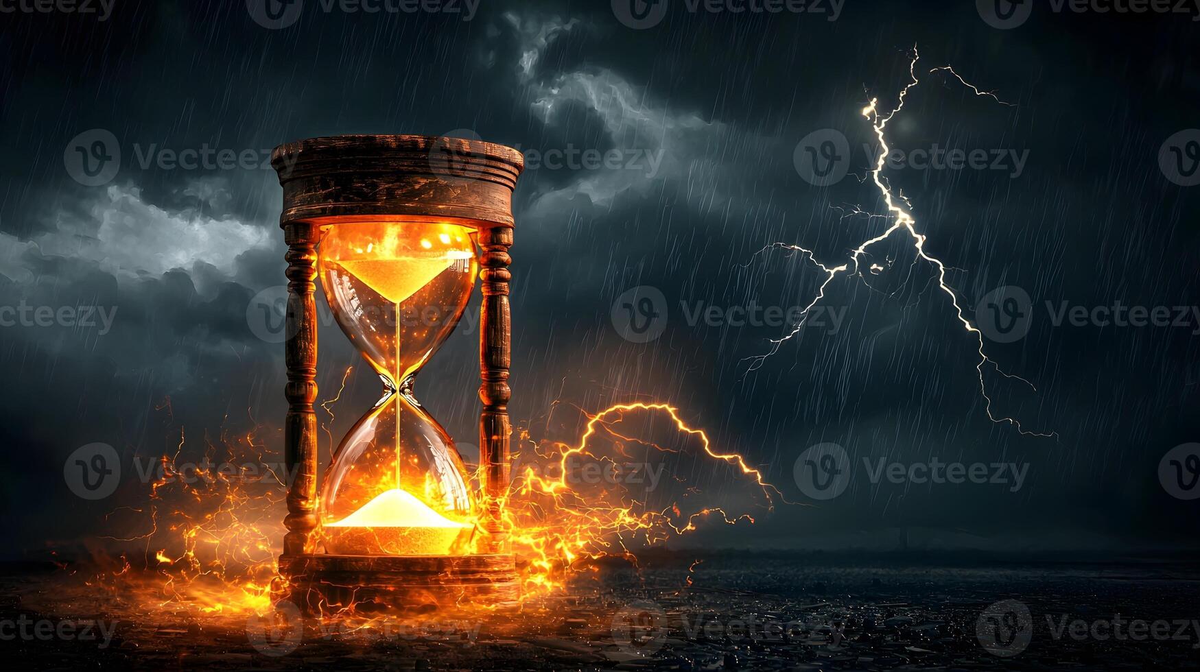Flaming Hourglass in a Stormy Night Time Apocalypse and Destiny Concept photo