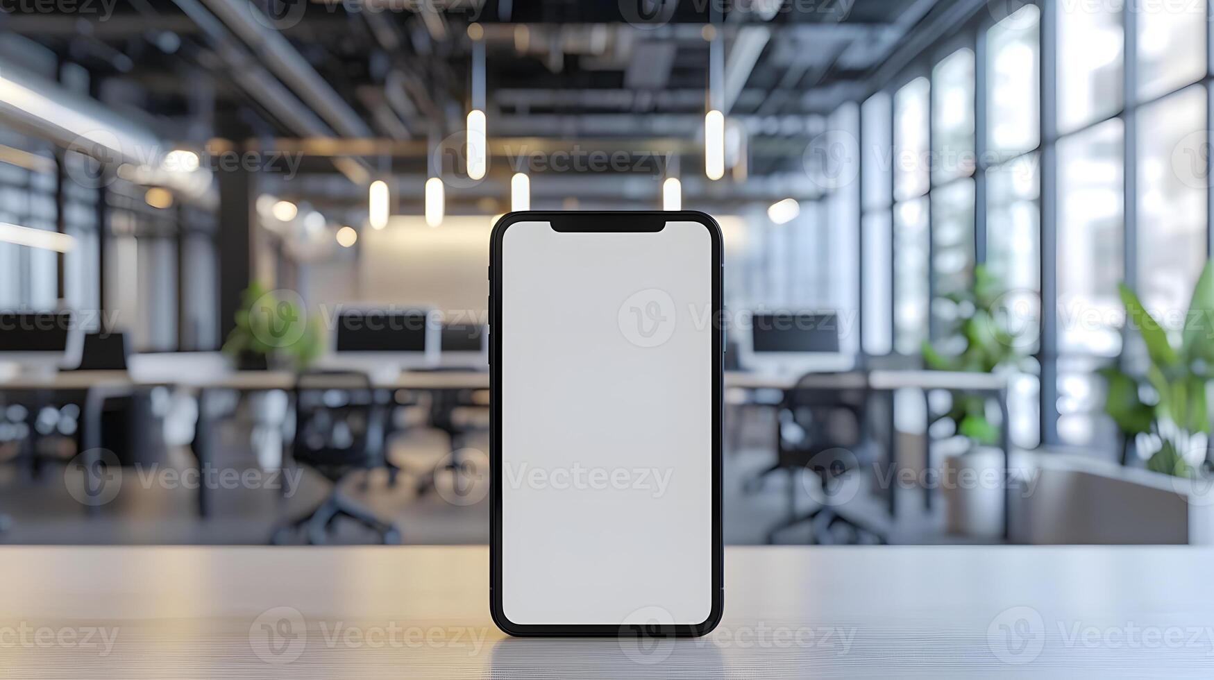 Modern Smartphone Mockup on Desk in Blurred Office Setting Blank Screen for App Presentation photo