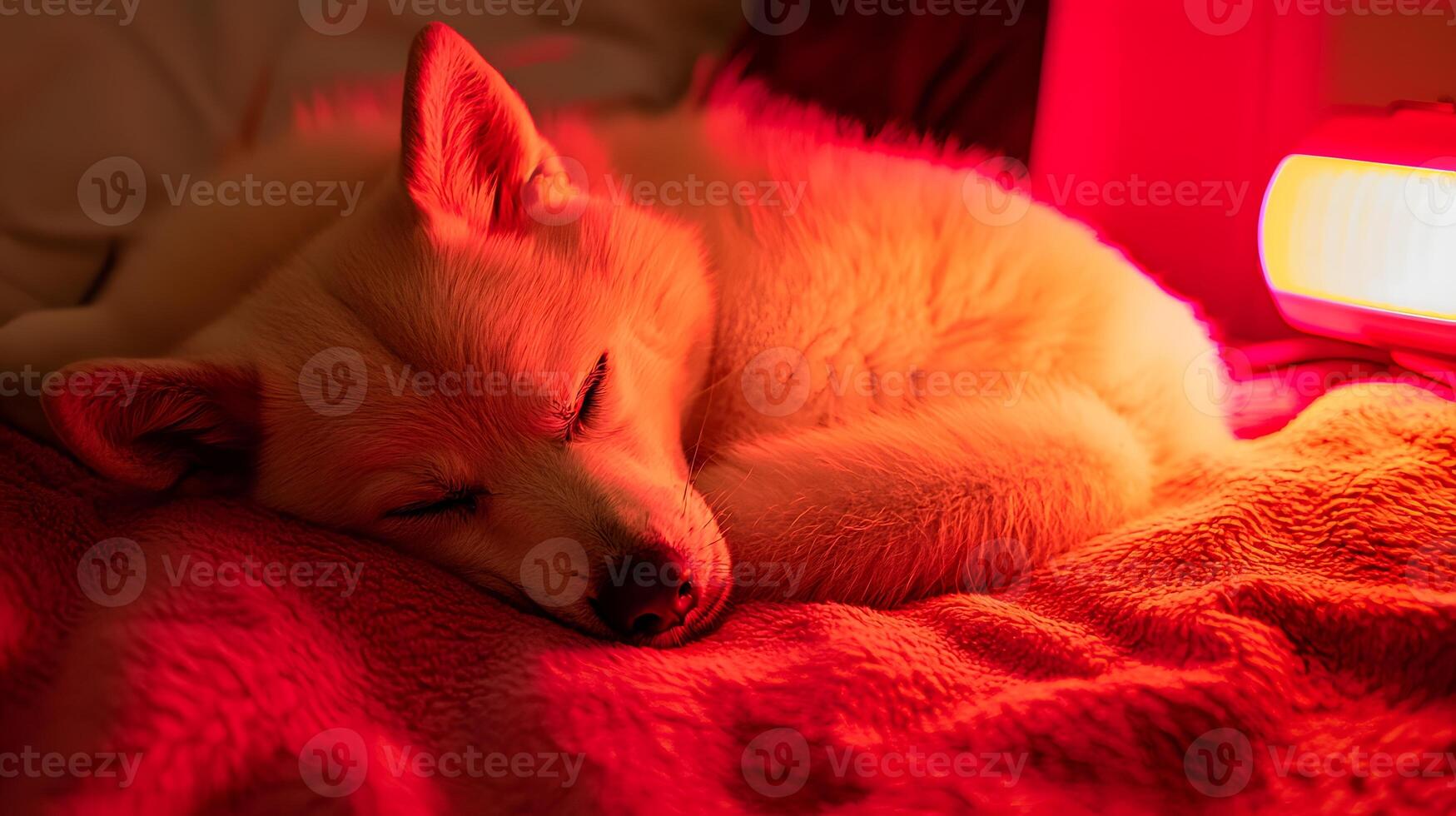 Fluffy White Dog Puppy Sleeping Peacefully Under Red Light Warm Cozy Blanket photo