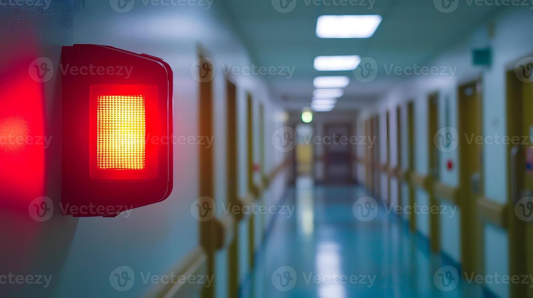 Illuminated Red Emergency Alarm Button in Hospital Corridor Healthcare Safety photo