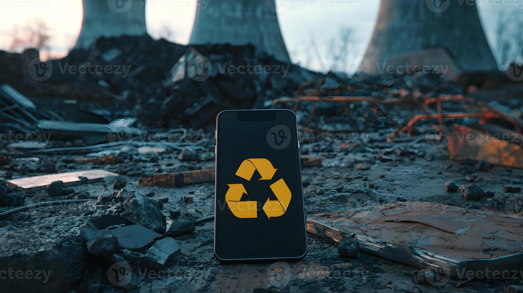 Smartphone Displaying Recycle Symbol Amidst Industrial Waste and Debris photo