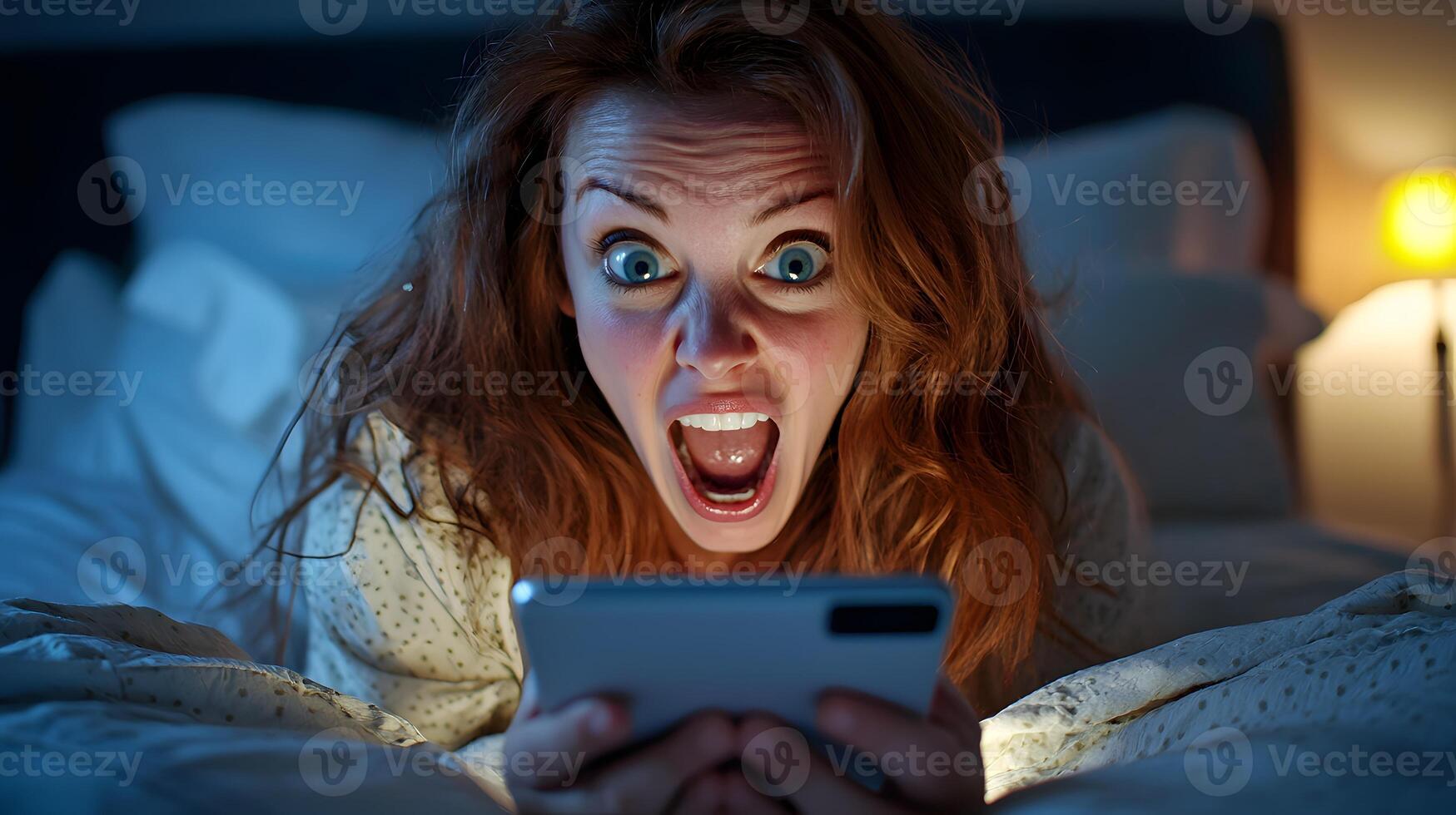 Shocked Woman in Bed at Night Using Tablet Surprised Expression Digital Device photo