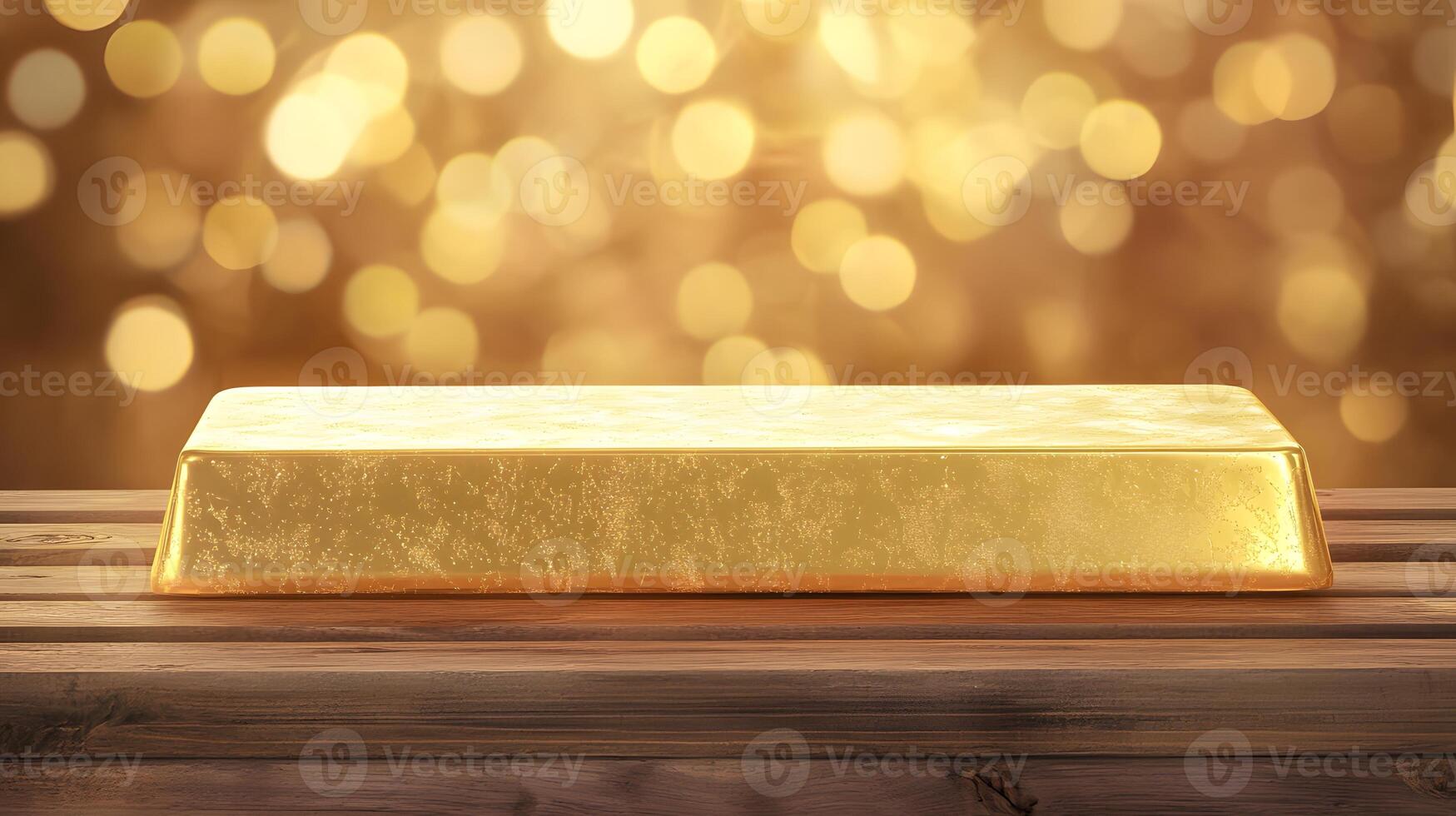 Luxurious Golden Ingot on Wooden Surface Sparkling Bokeh Background Wealth Concept photo