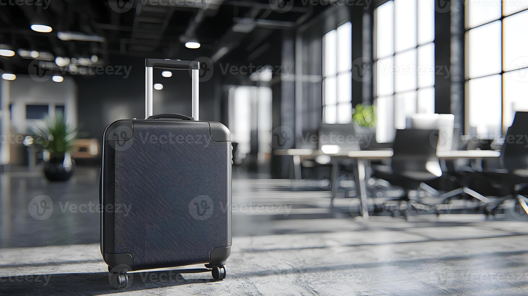 Modern Black Carry on Suitcase in Contemporary Office Setting Business Travel Concept photo