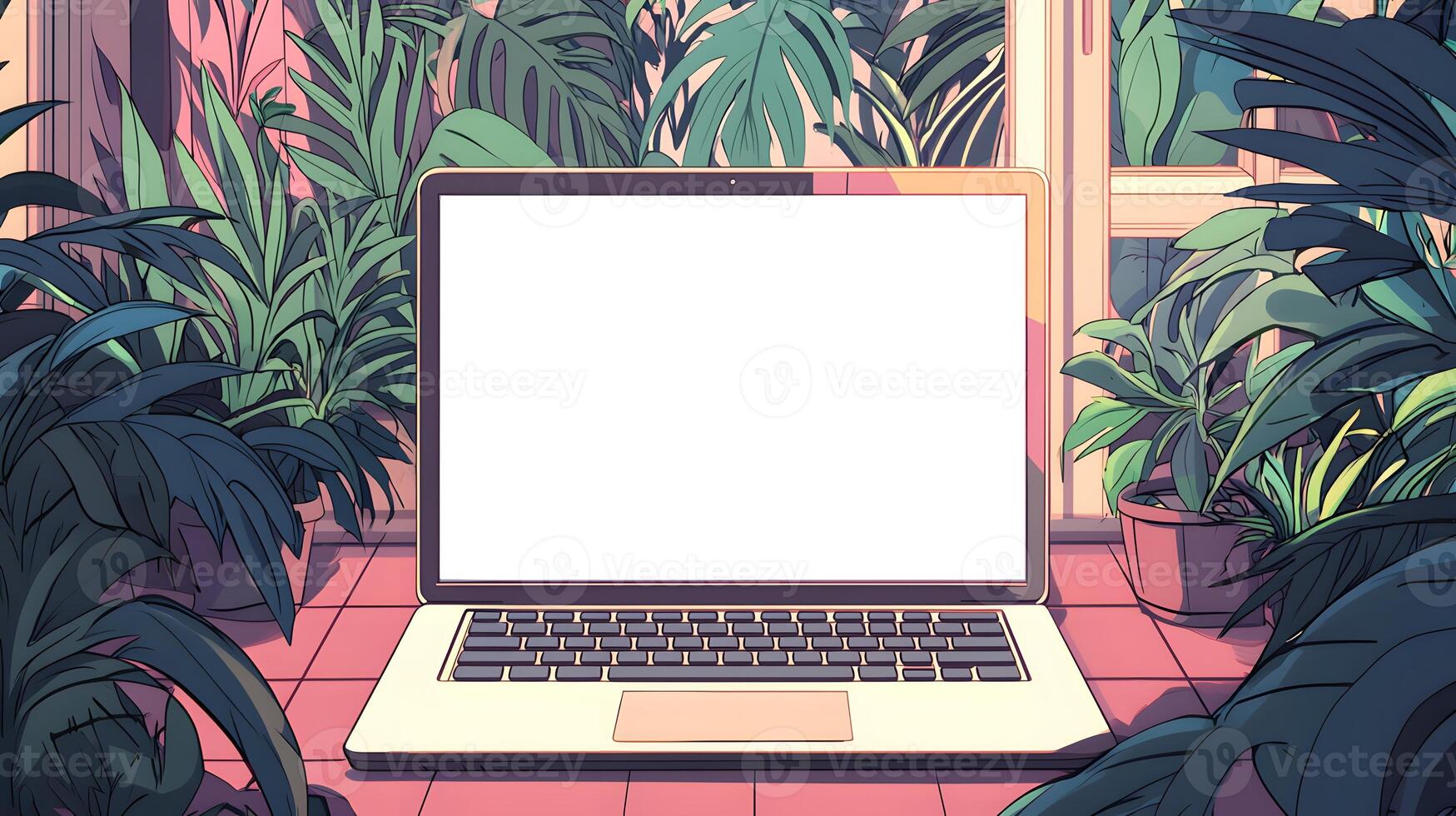 Laptop Computer Mockup with Blank Screen Surrounded by Lush Tropical Plants in a Greenhouse Setting photo