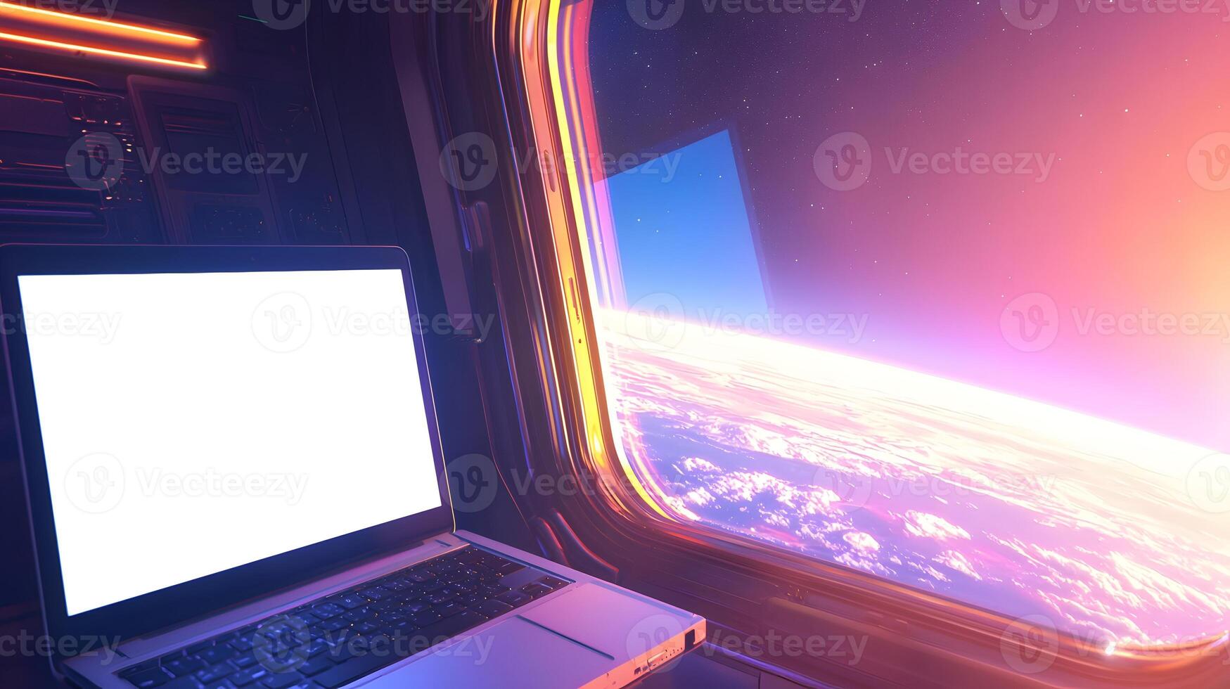 Futuristic Laptop with Blank Screen Viewed from Spaceship Window Showing Earth photo