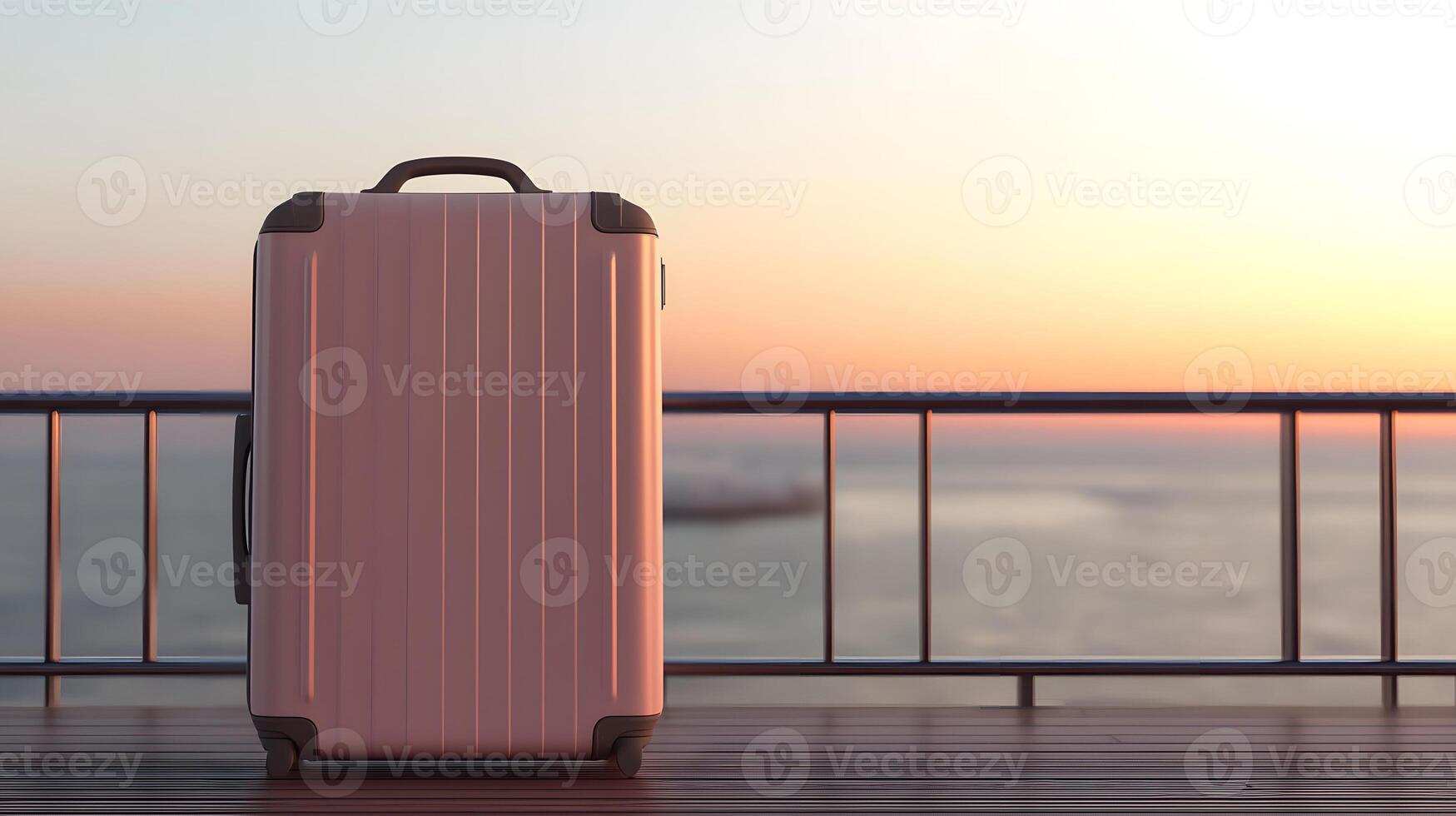 Pink Suitcase on Balcony at Sunset Ocean View Travel Vacation photo