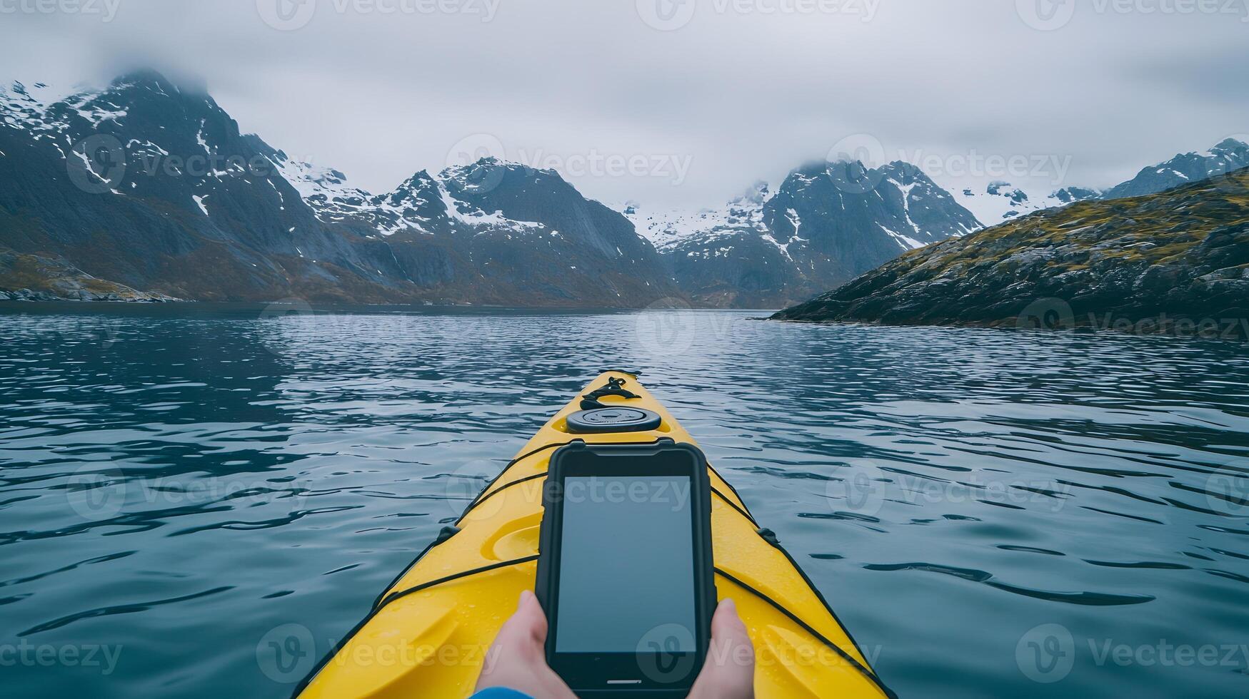 Kayaking in Fjord Person Using Smartphone Mountains Water Adventure Travel photo