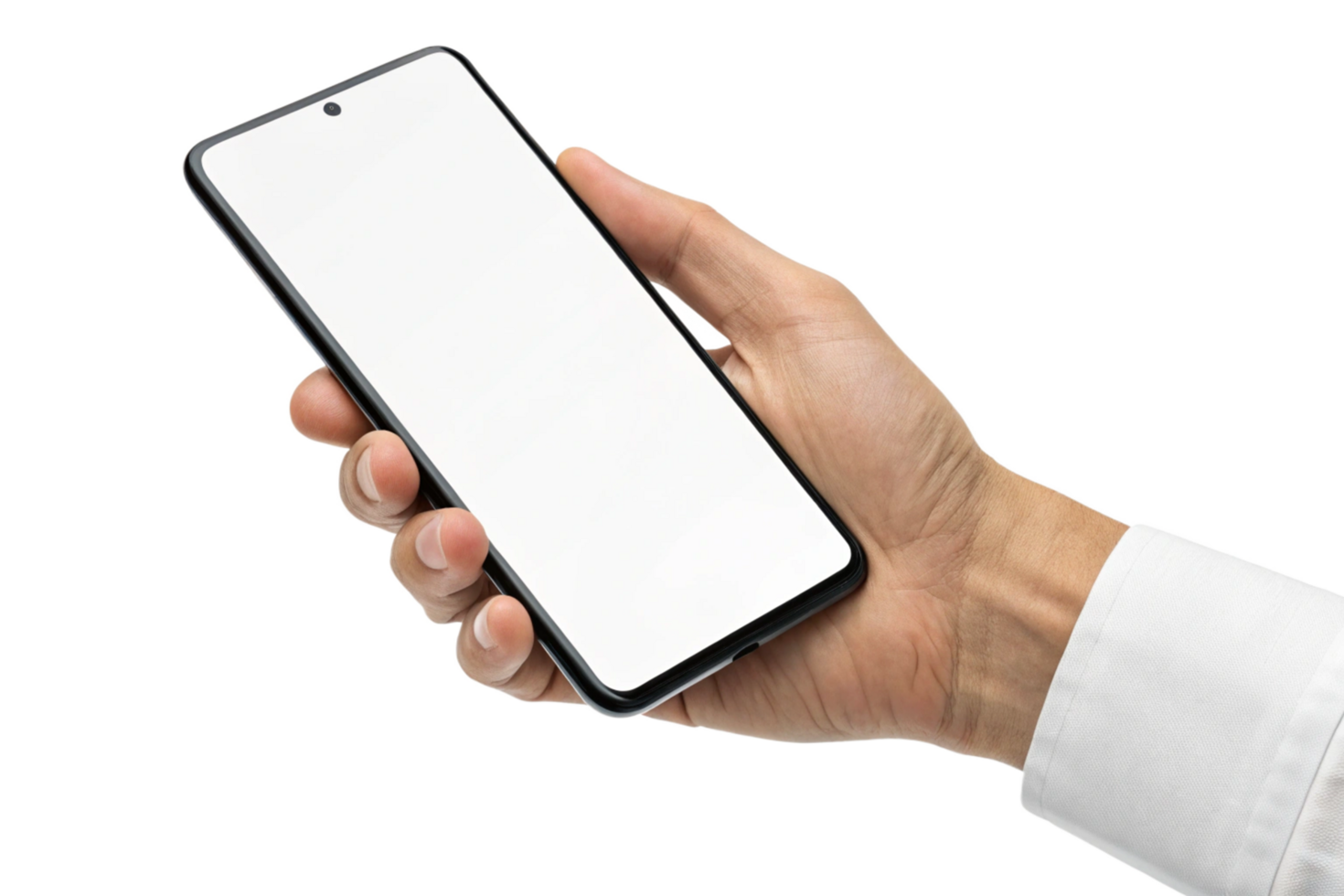A hand holding a smartphone with a blank white screen display, showcasing a modern mobile device in a business casual setting png