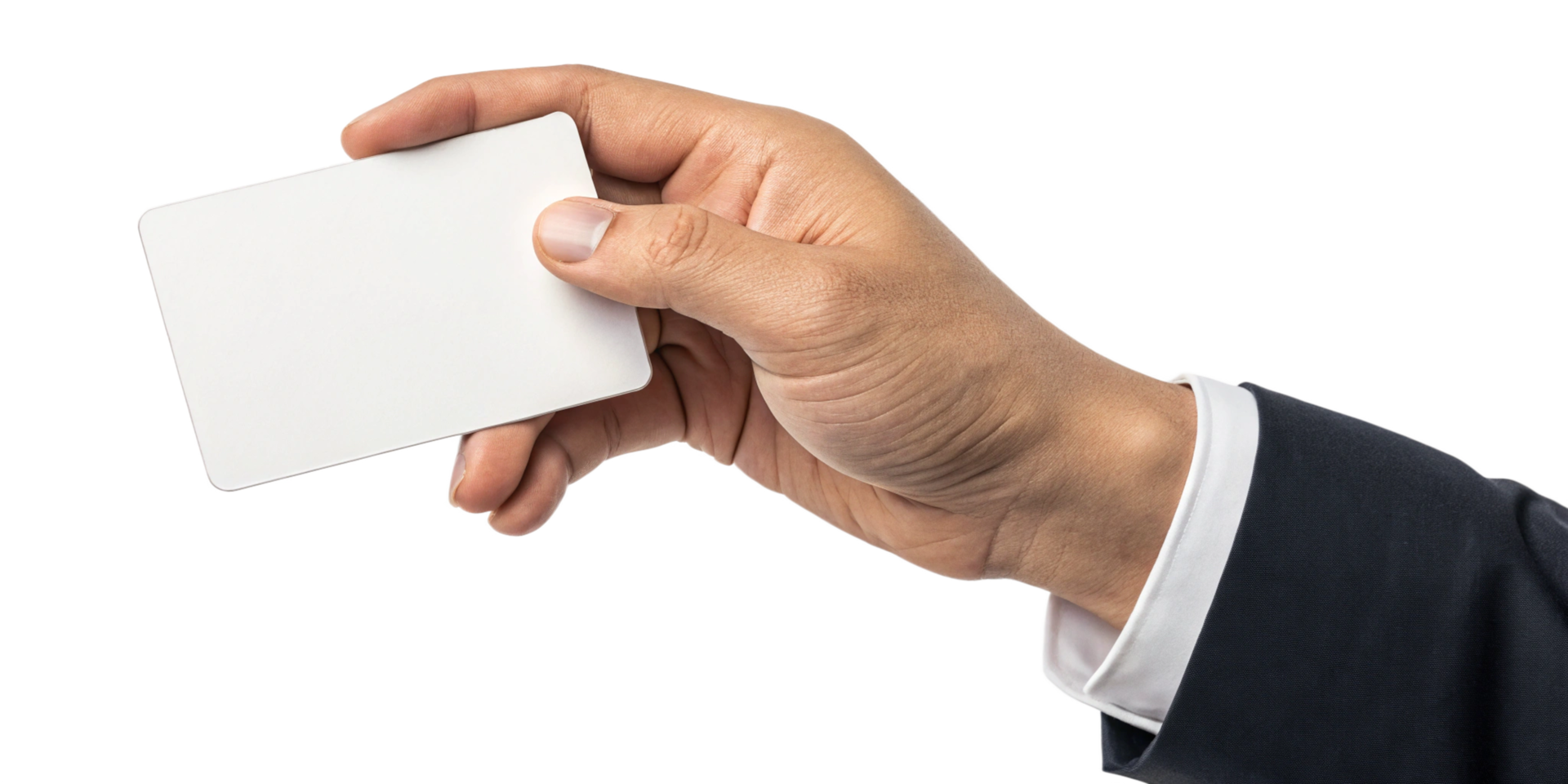 A Hand in a Business Suit Presenting a Blank White Card Mockup png
