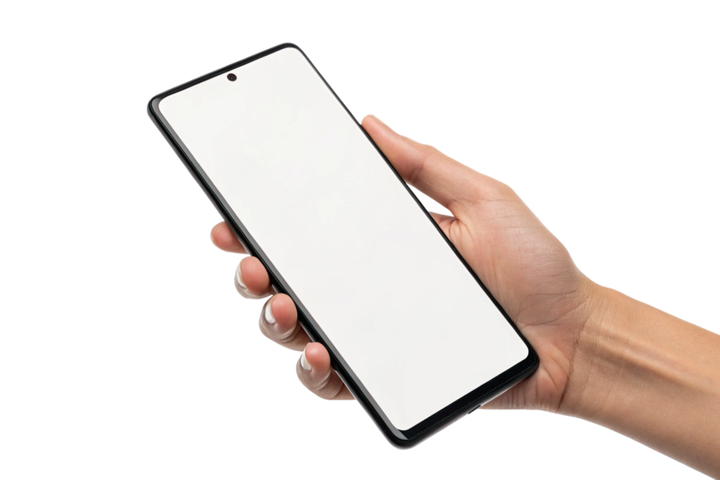 A hand holding a smartphone with a blank white screen mockup for app presentation png