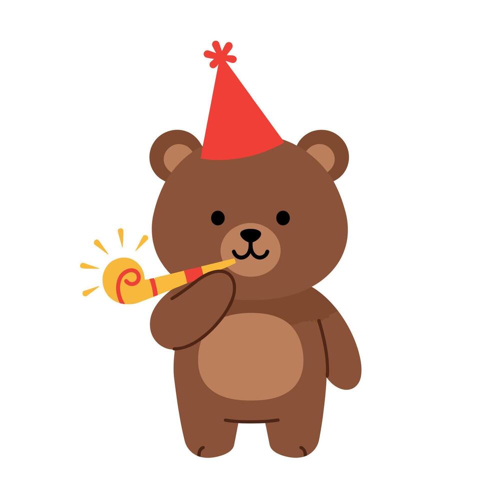 Cute cartoon bear wearing a party hat with a noisemaker in a joyful celebration flat art vector