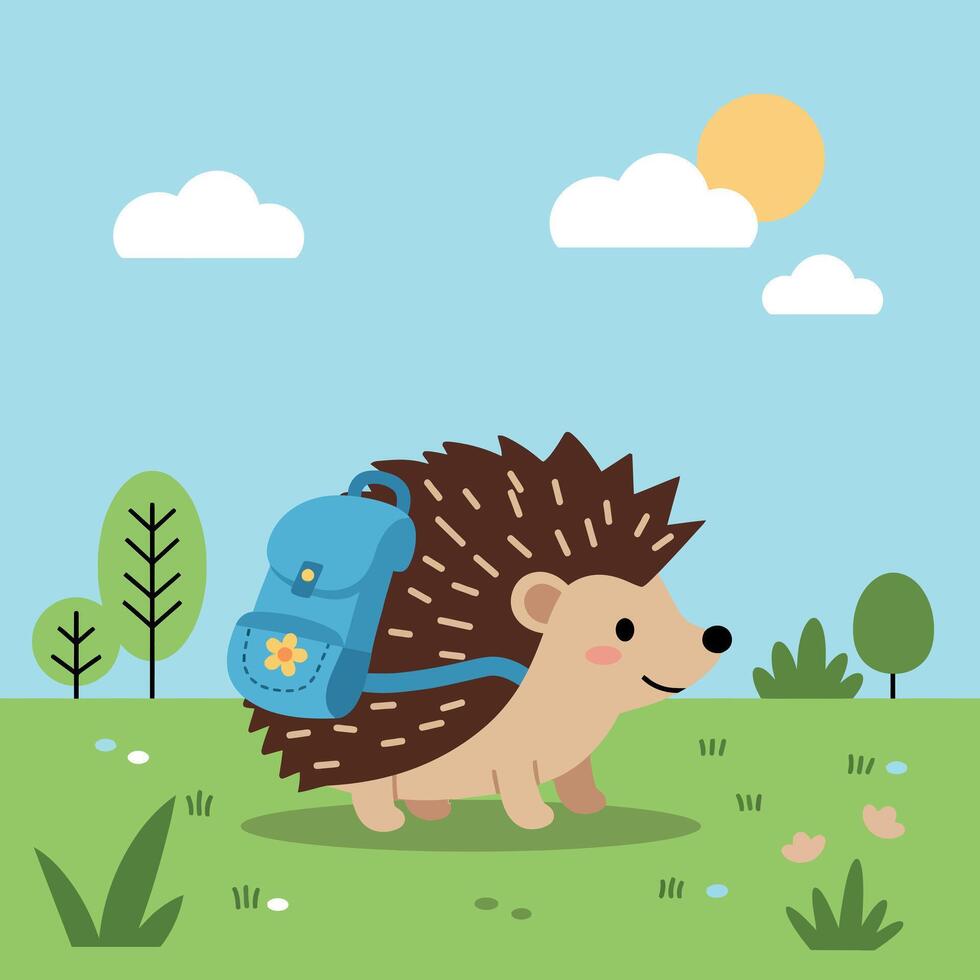 Cute hedgehog carrying a blue backpack in a sunny, green landscape, minimal illustration vector