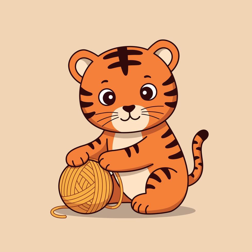 Cute tiger cub playing with a ball of yarn in a playful, minimal illustration vector