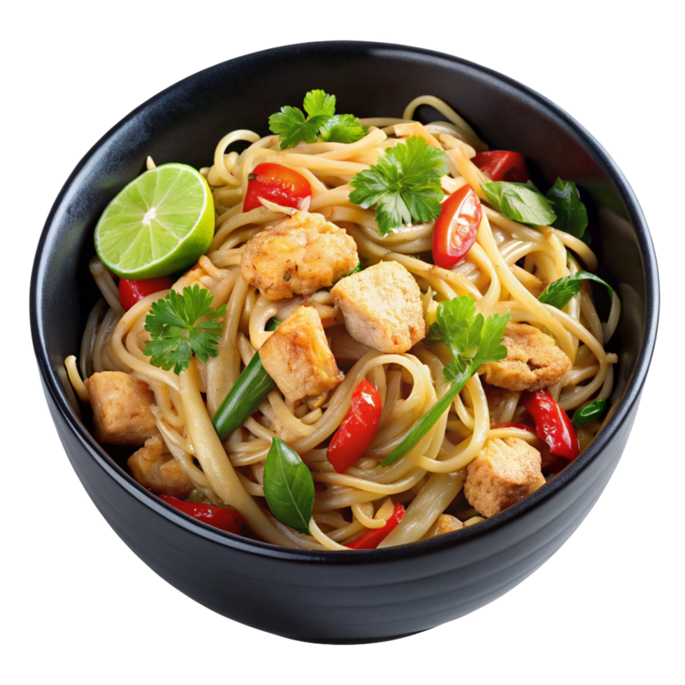 Delicious Asian Noodles with Tofu and Vegetables in a Black Bowl png