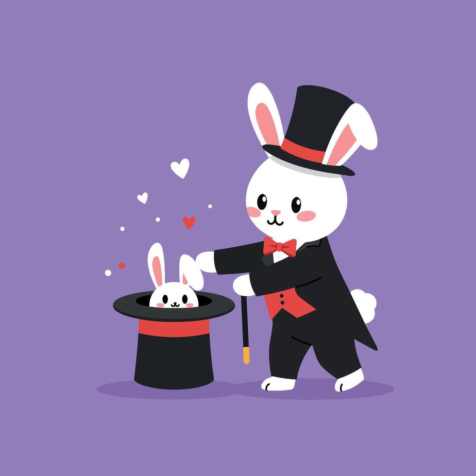 A charming magician rabbit performing a magic trick in flat art style with a top hat and a cute bunny vector