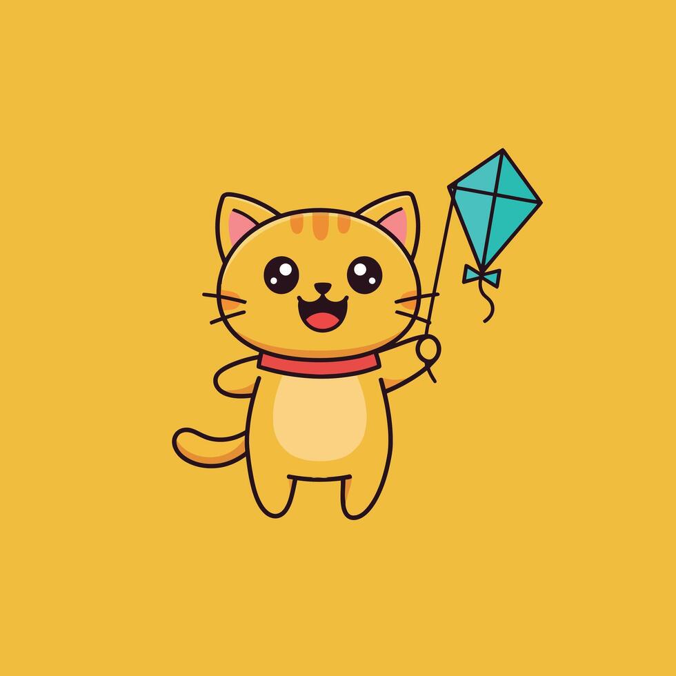 Happy orange cat holding a blue kite in a cheerful minimal illustration vector