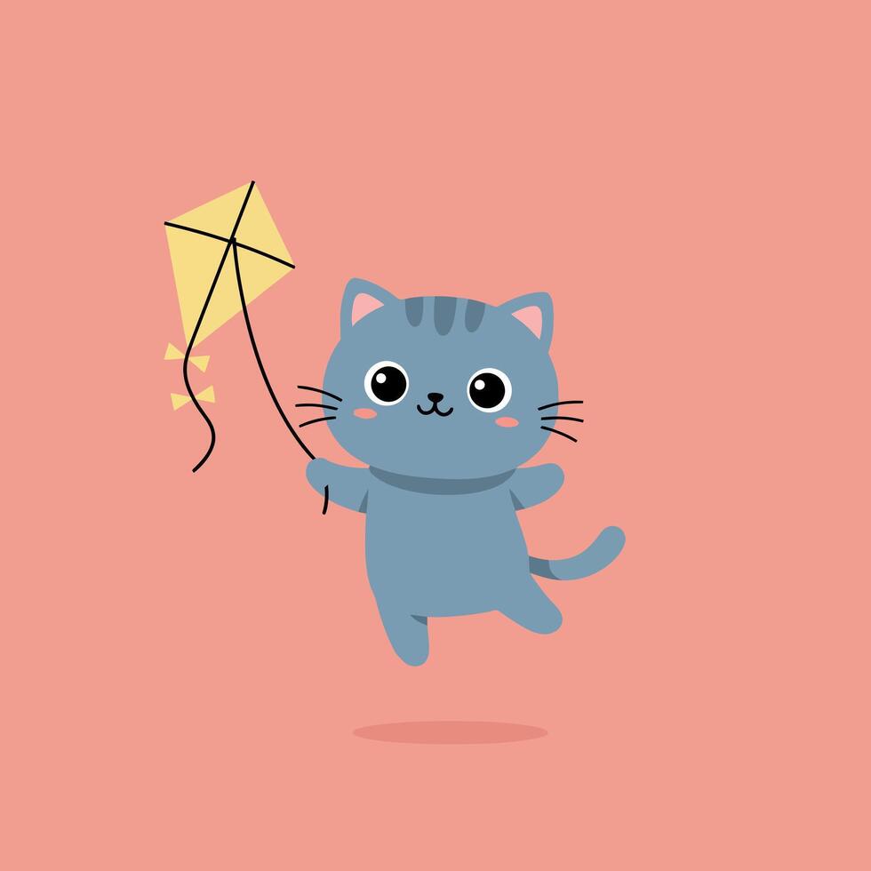 Playful blue cat holding a yellow kite in a minimal flat design illustration vector