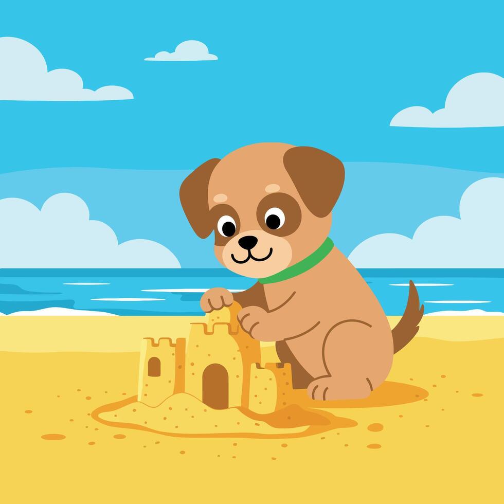Playful puppy building a sandcastle on a sunny beach in flat art vector