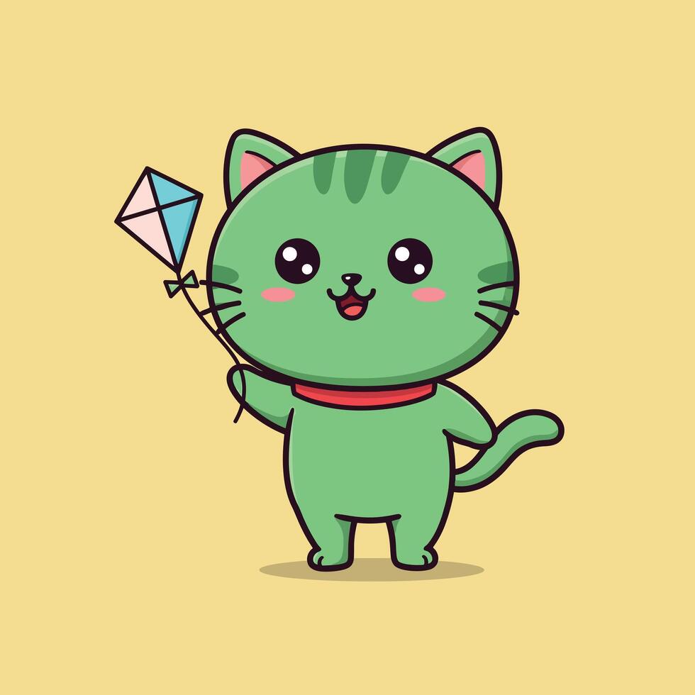 Cute green cat character holding a colorful kite in a playful flat illustration vector