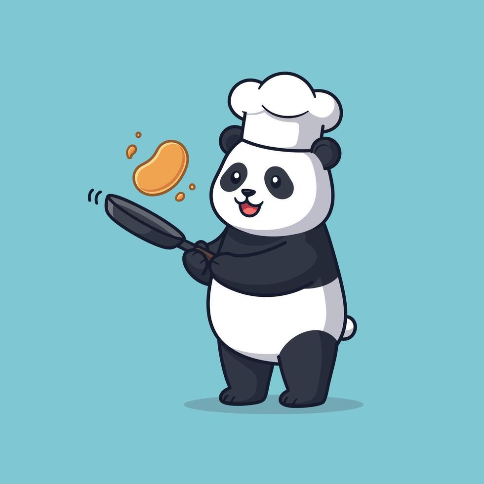 Playful panda chef flipping pancakes in a colorful flat illustration vector