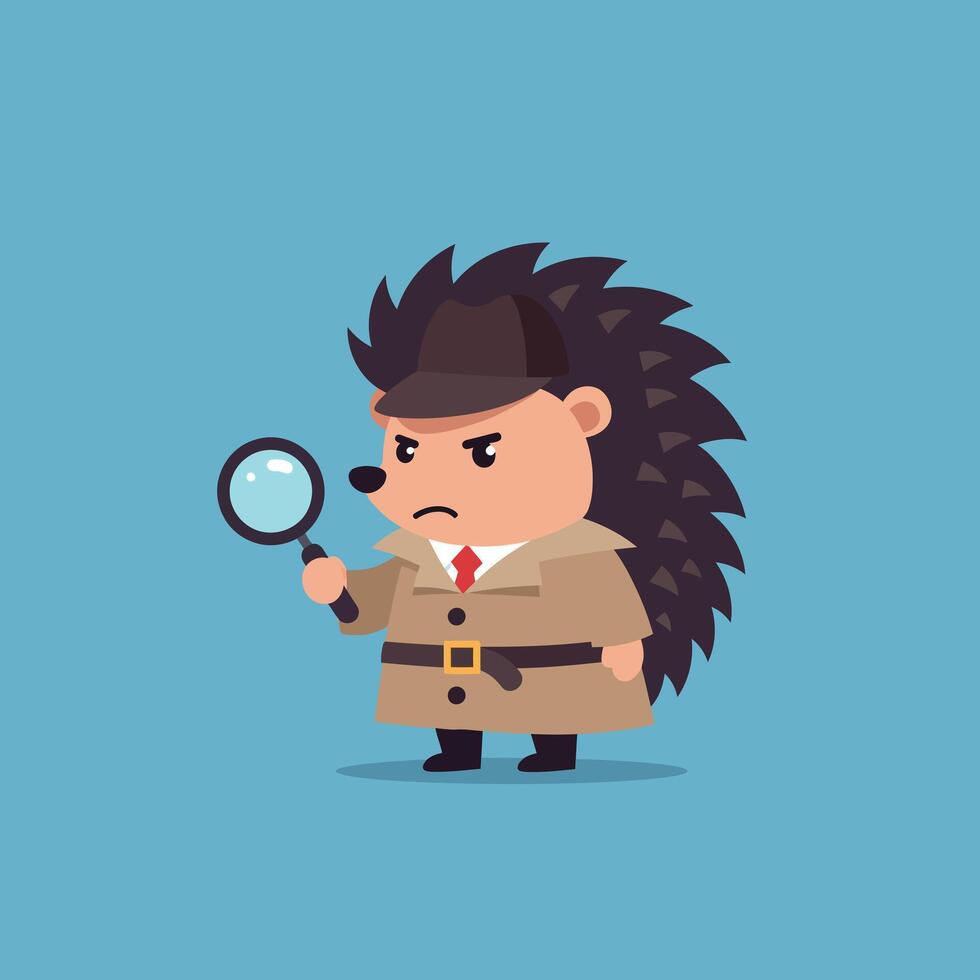 A detective hedgehog wearing a trench coat and holding a magnifying glass in flat art vector