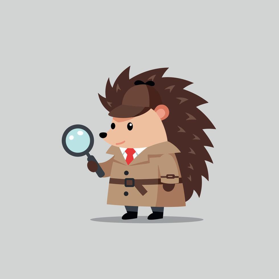 A cute hedgehog detective in a beige trench coat holding a magnifying glass, minimal illustration vector